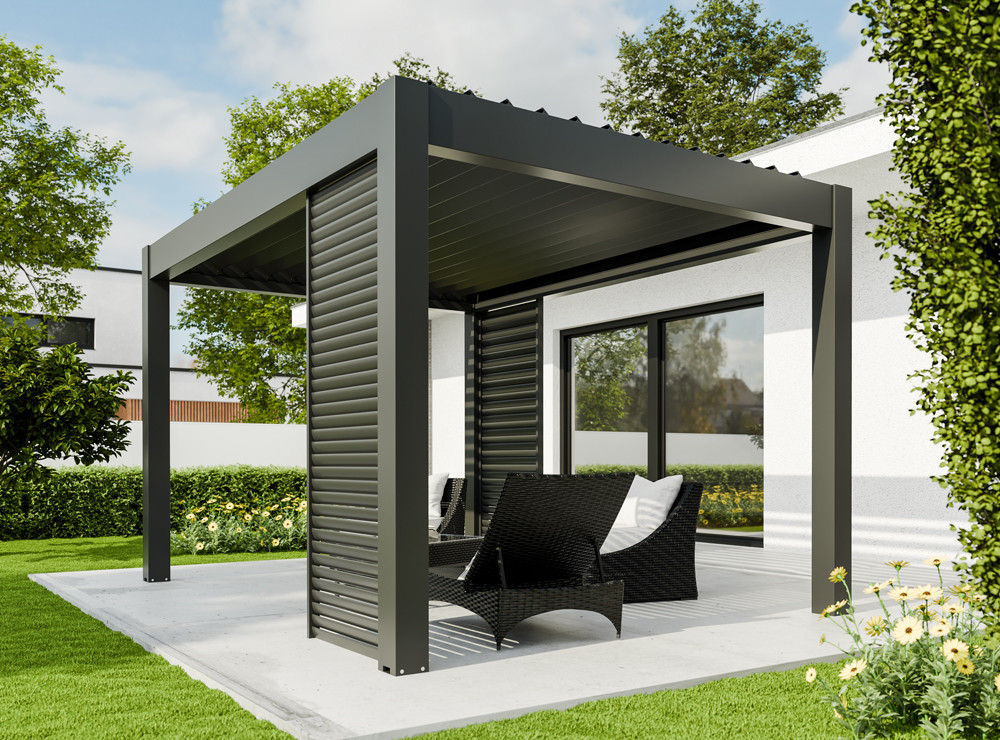 Pergola bioclimatique Capri aluminium anthracite 6×4×2,5 m motorisée LED