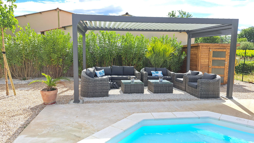 Pergola bioclimatique Pianela Bi-zone noir sable 6×4×2,5 m motorisée LED