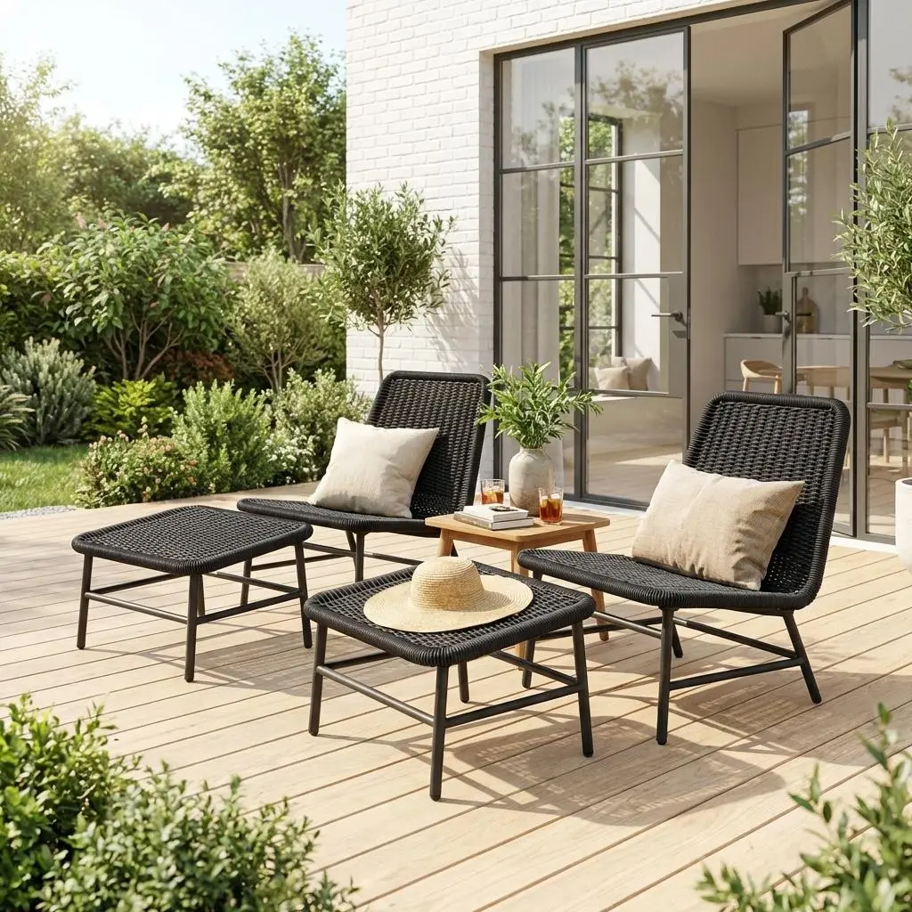 Fauteuil relax et repose pied aluminium et corde (lot de 2)