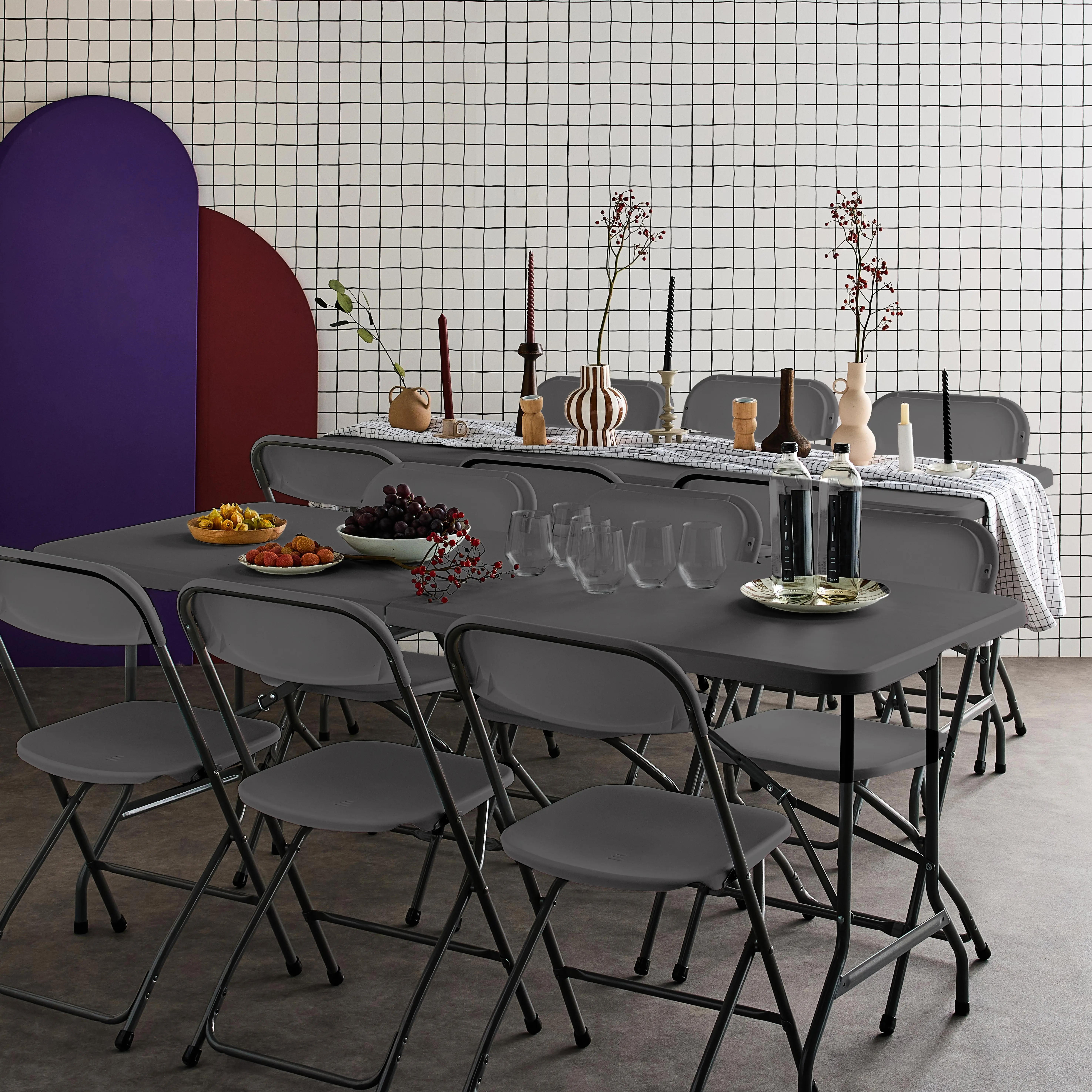 Table de réception pliante plastique + 6 assises (lot de 2)