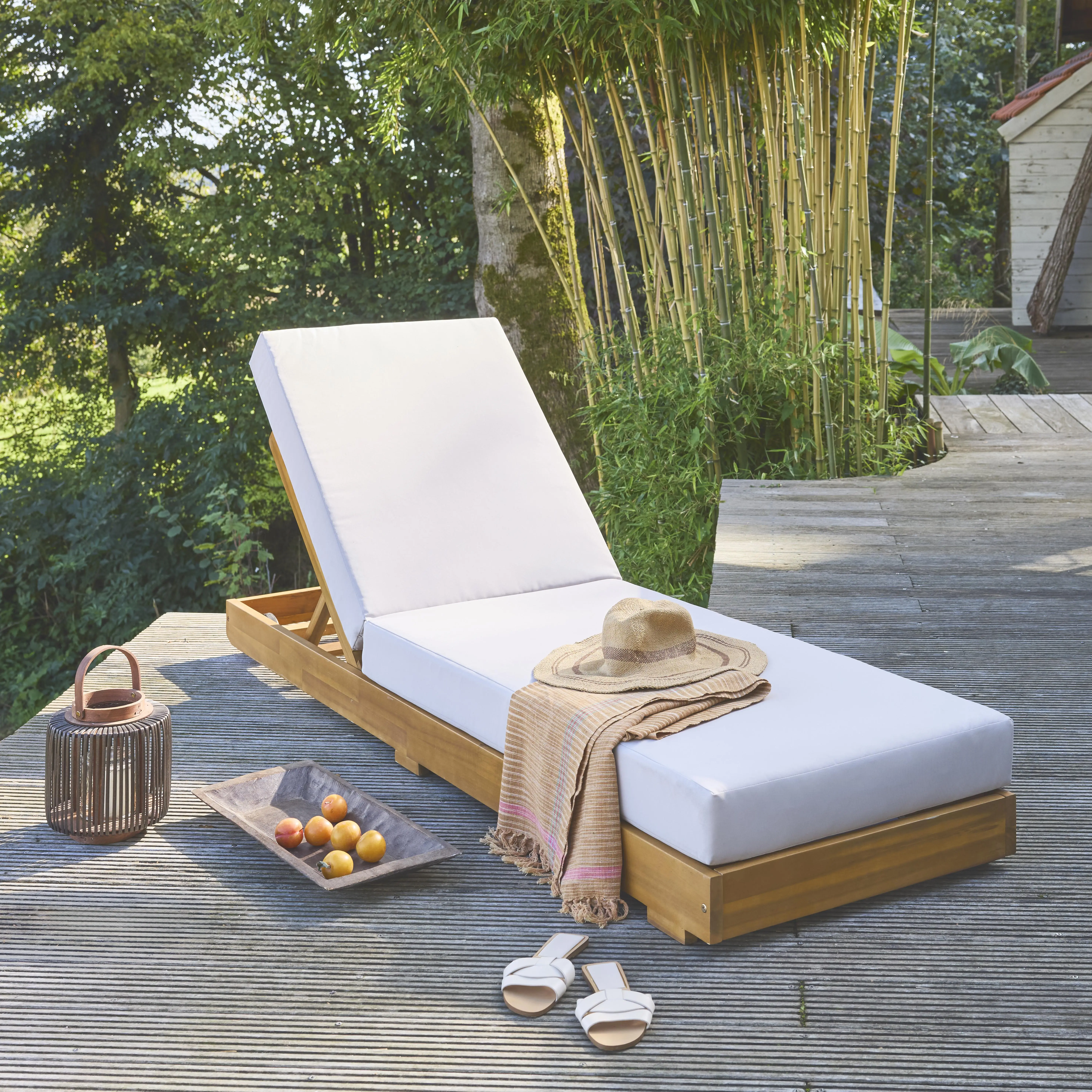 Bain de soleil bois d'acacia multi positions avec roulettes
