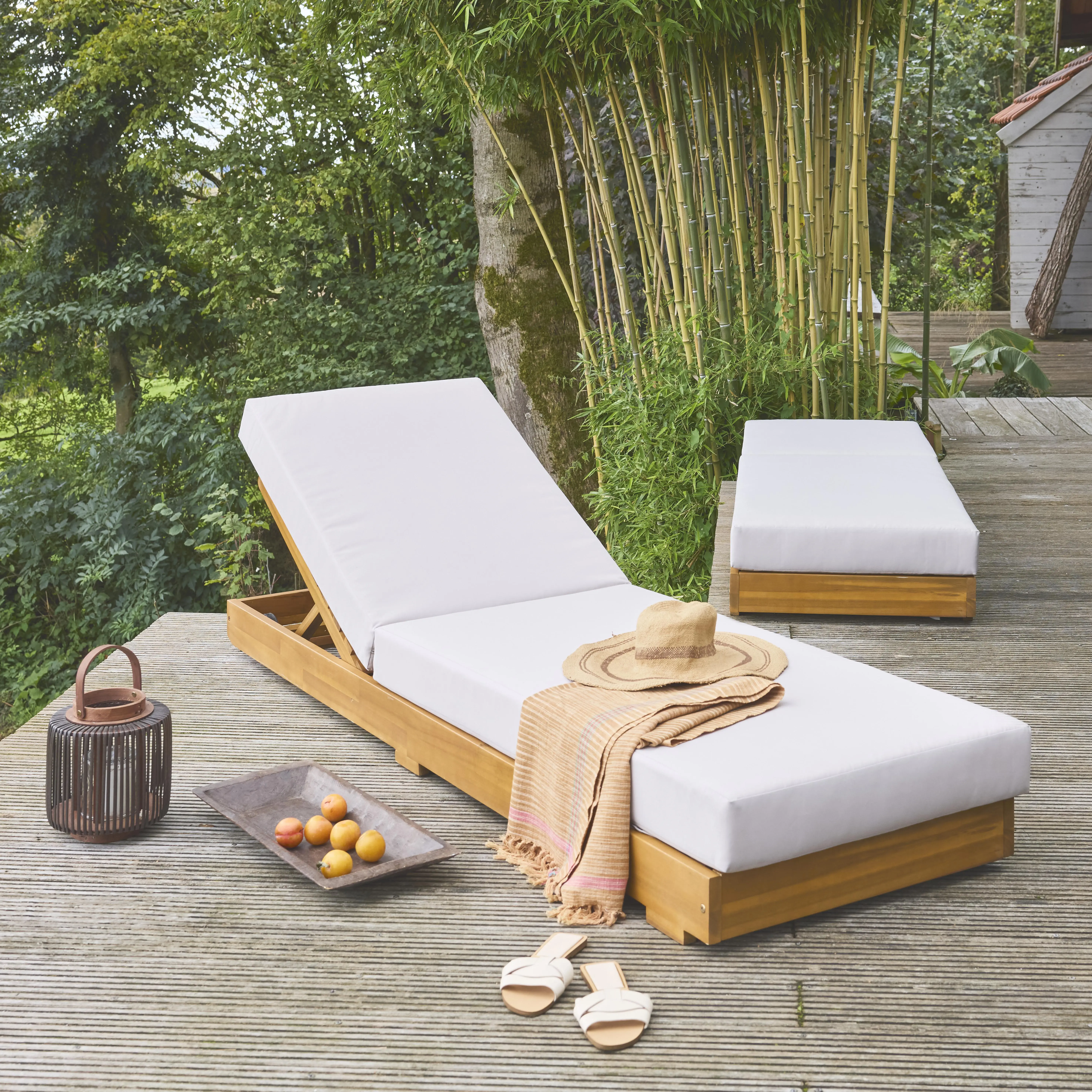 Bain de soleil bois d'acacia multi positions avec roulettes (lot de 2)