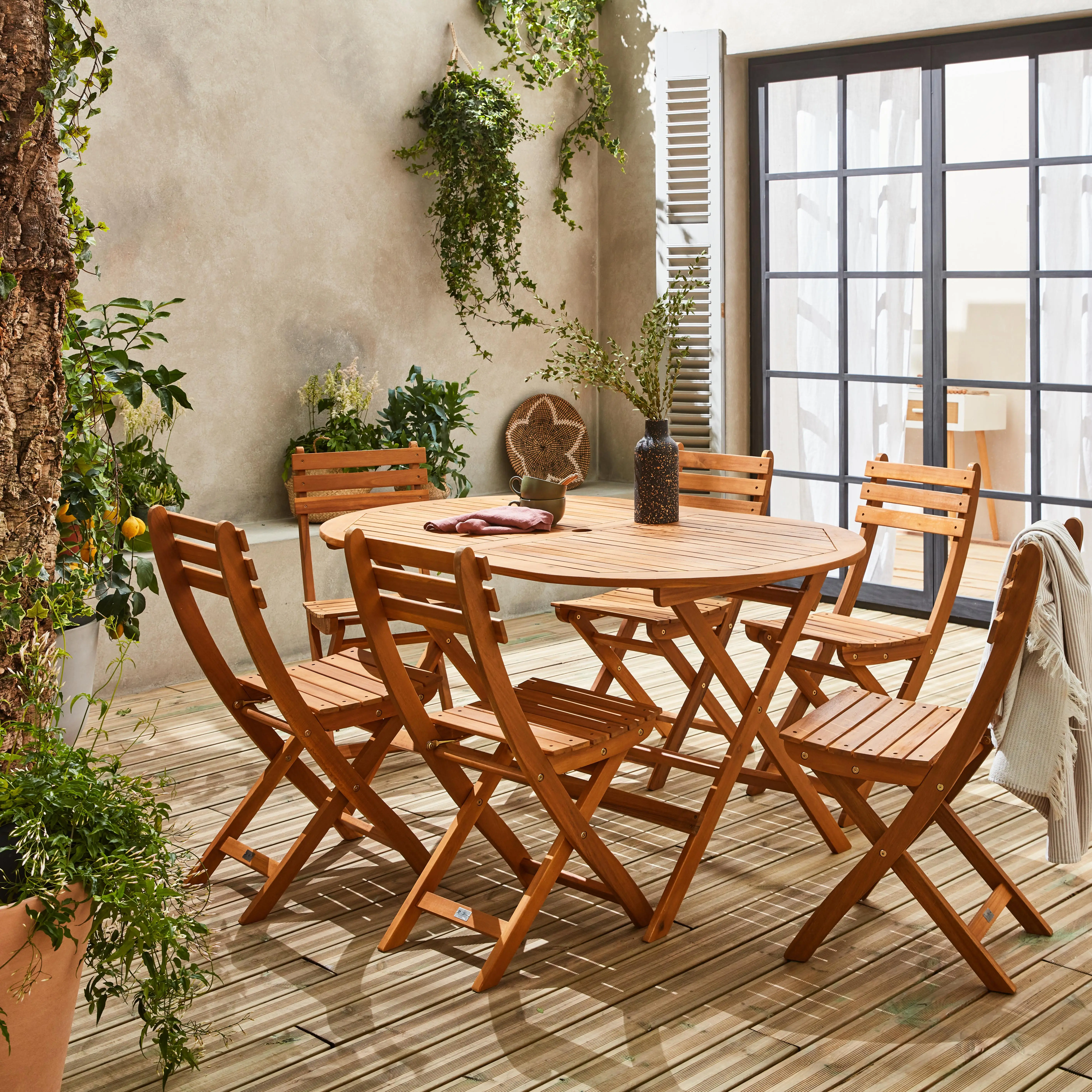 Table de jardin pliante bois d'acacia + 6 assises