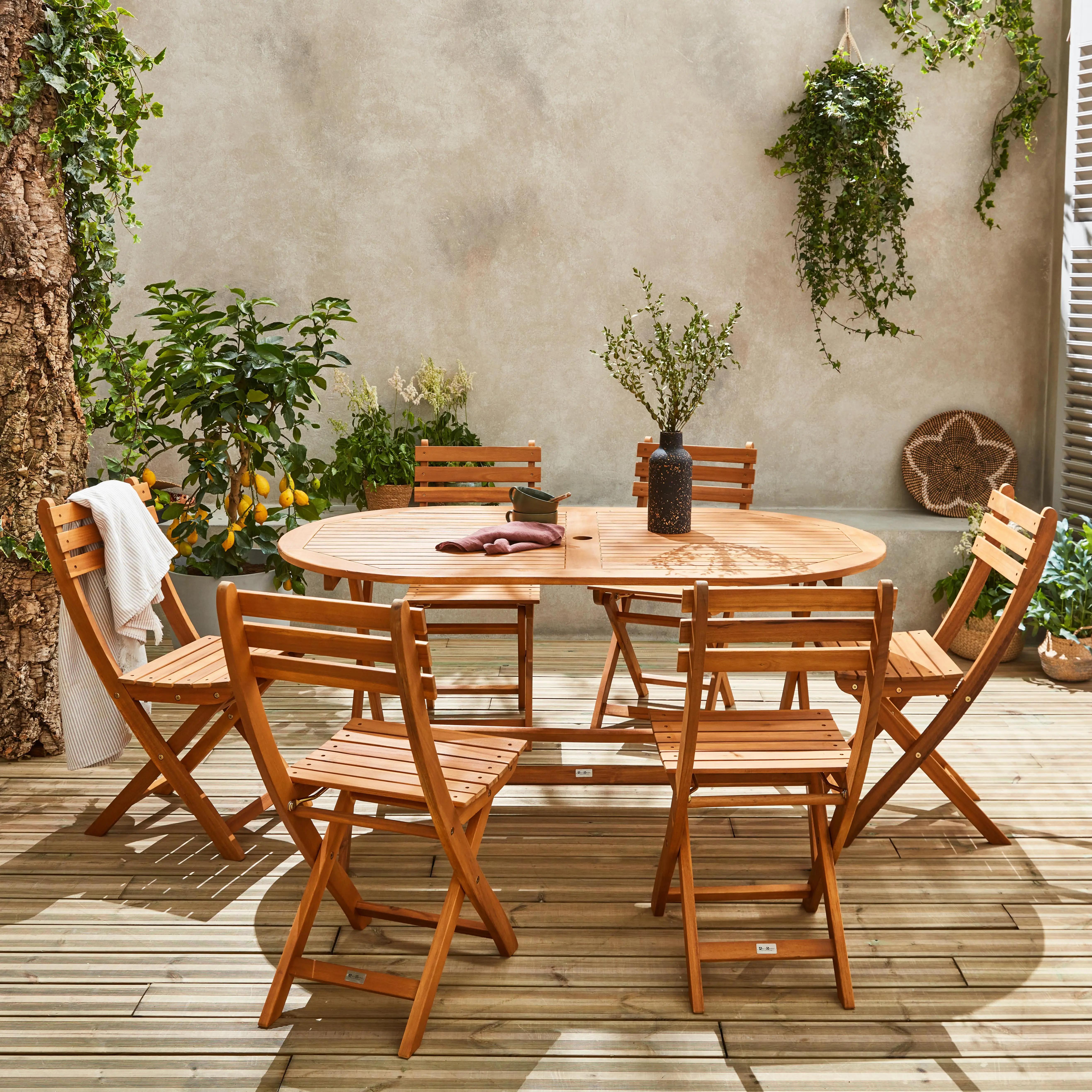 Table de jardin pliante bois d'acacia + 6 assises