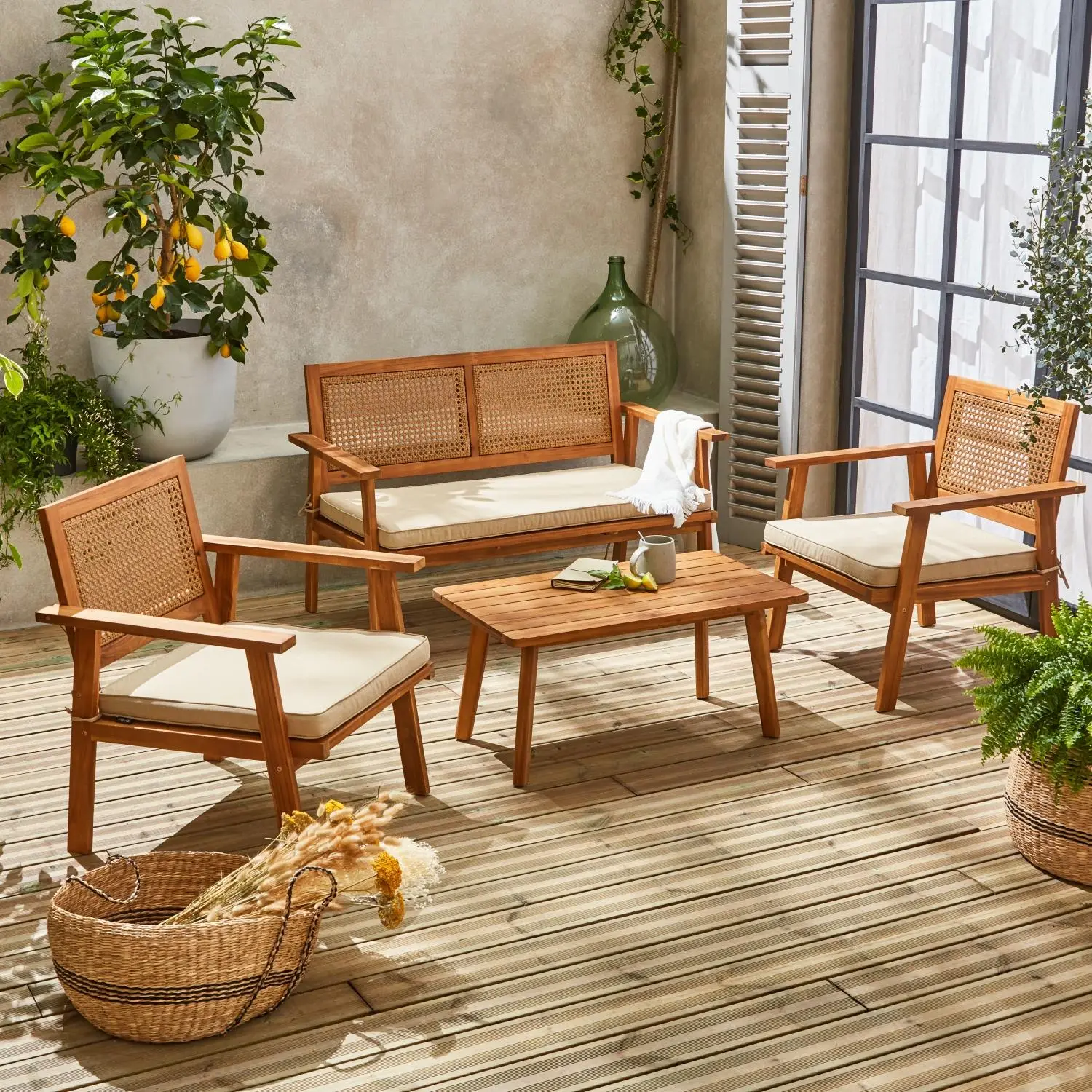 Salon de jardin bois d'acacia et cannage 4 places