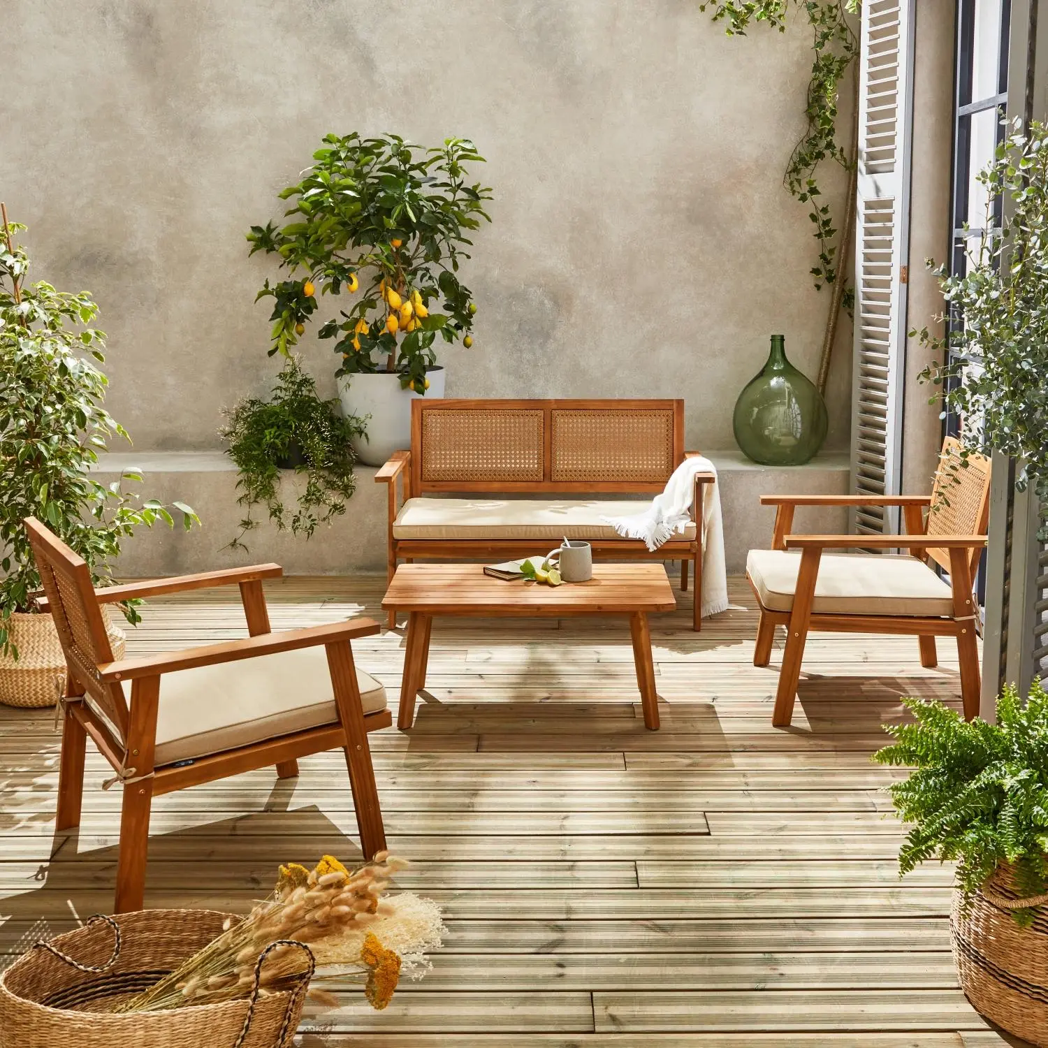 Salon de jardin bois d'acacia et cannage 4 places