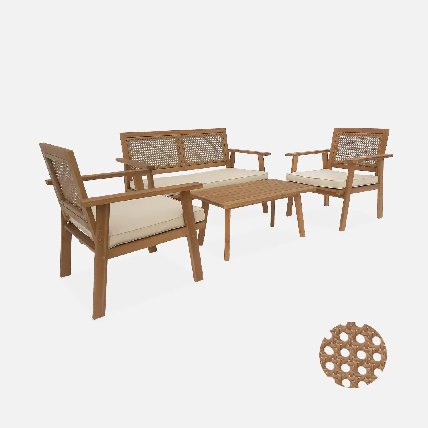 Salon de jardin bois d'acacia et cannage 4 places