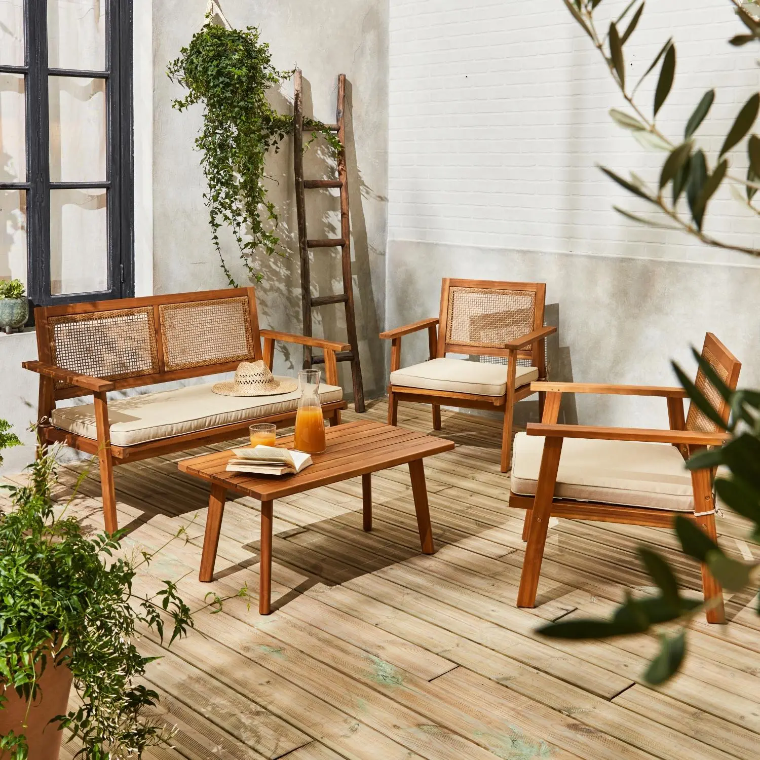 Salon de jardin bois d'acacia et cannage 4 places