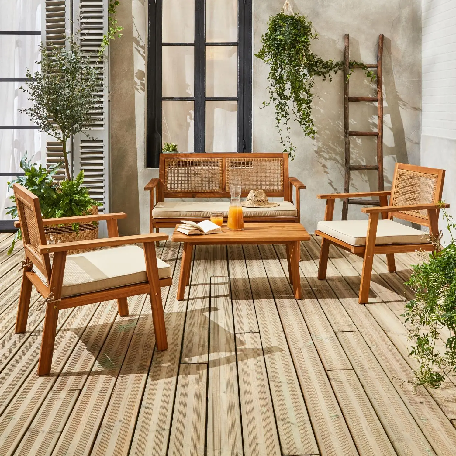 Salon de jardin bois d'acacia et cannage 4 places