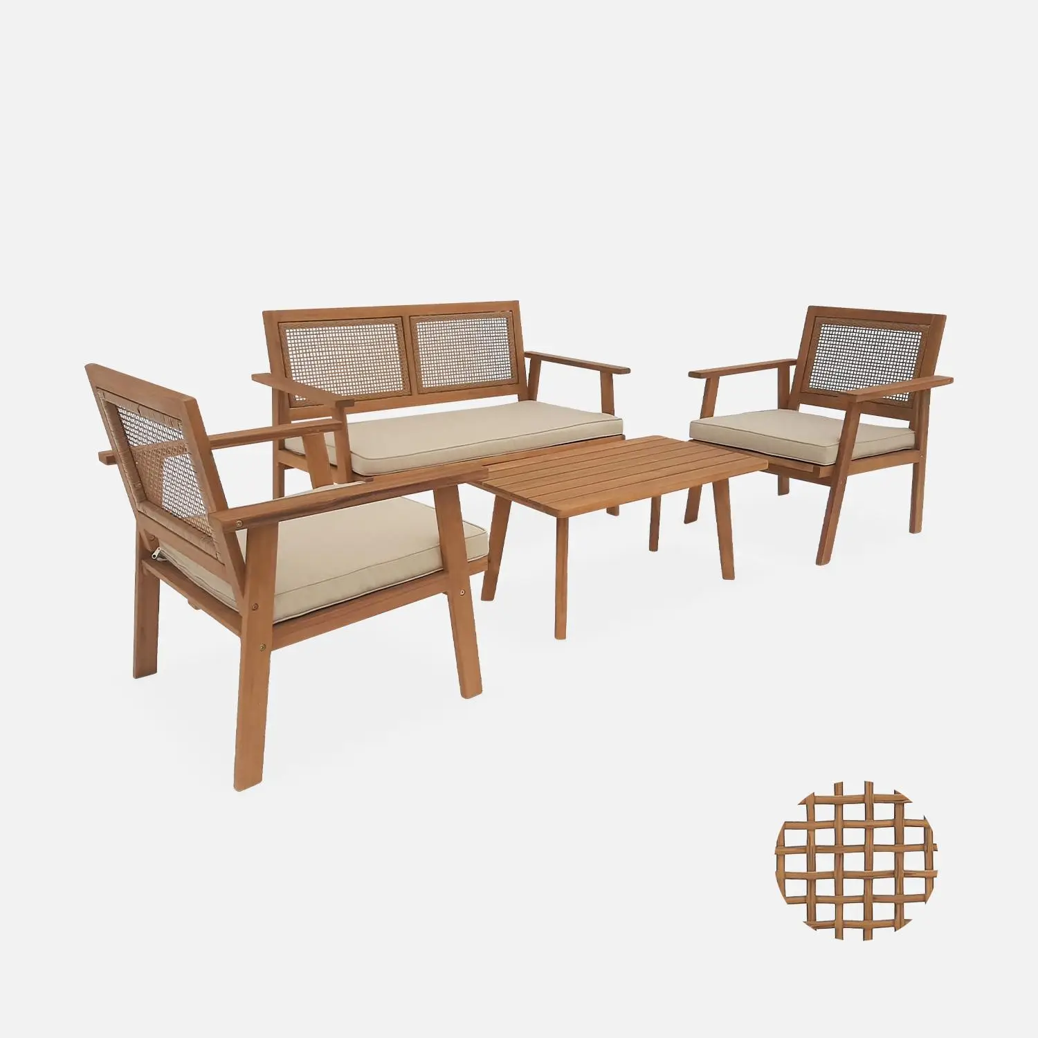 Salon de jardin bois d'acacia et cannage 4 places
