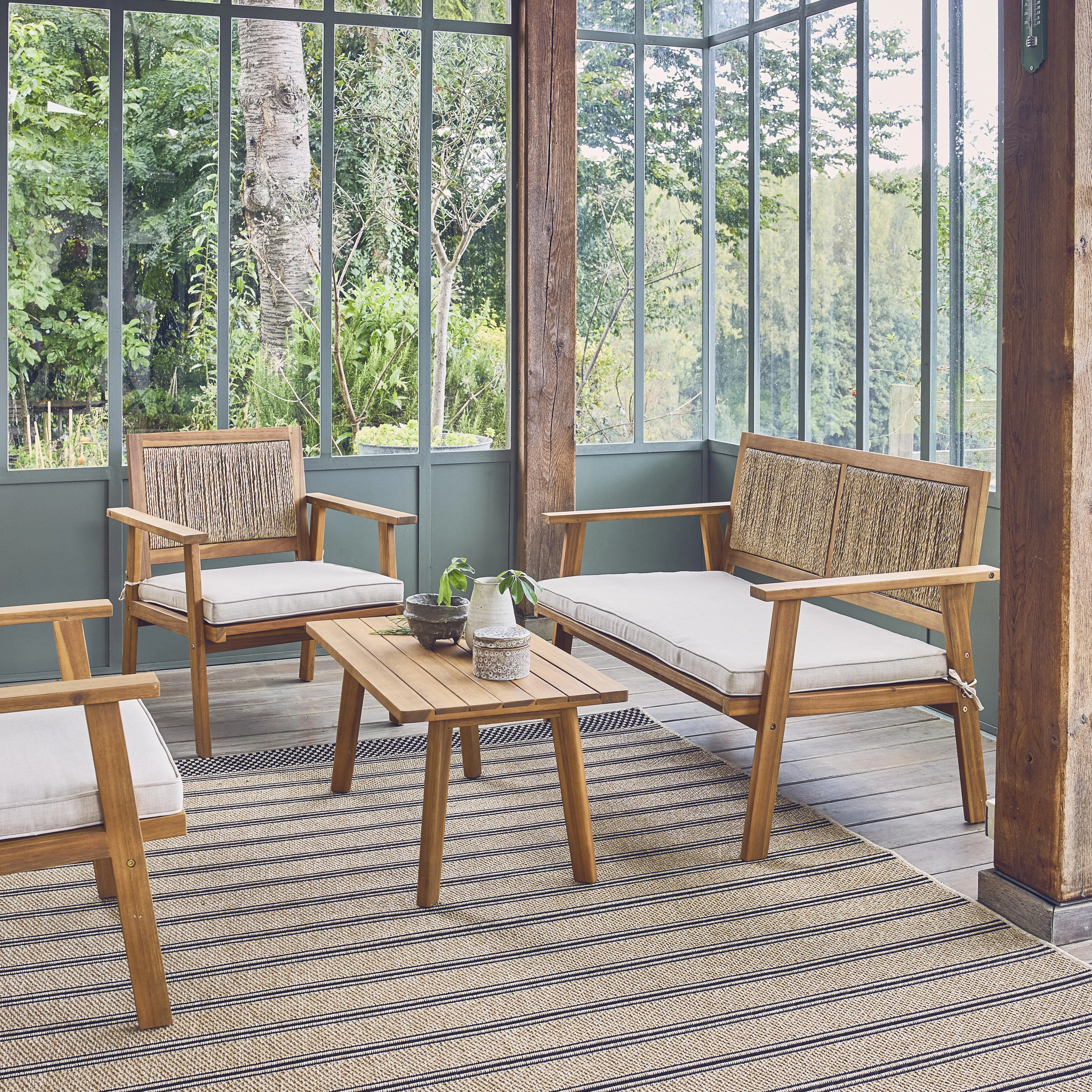 Salon de jardin bois et cannage vertical 4 places