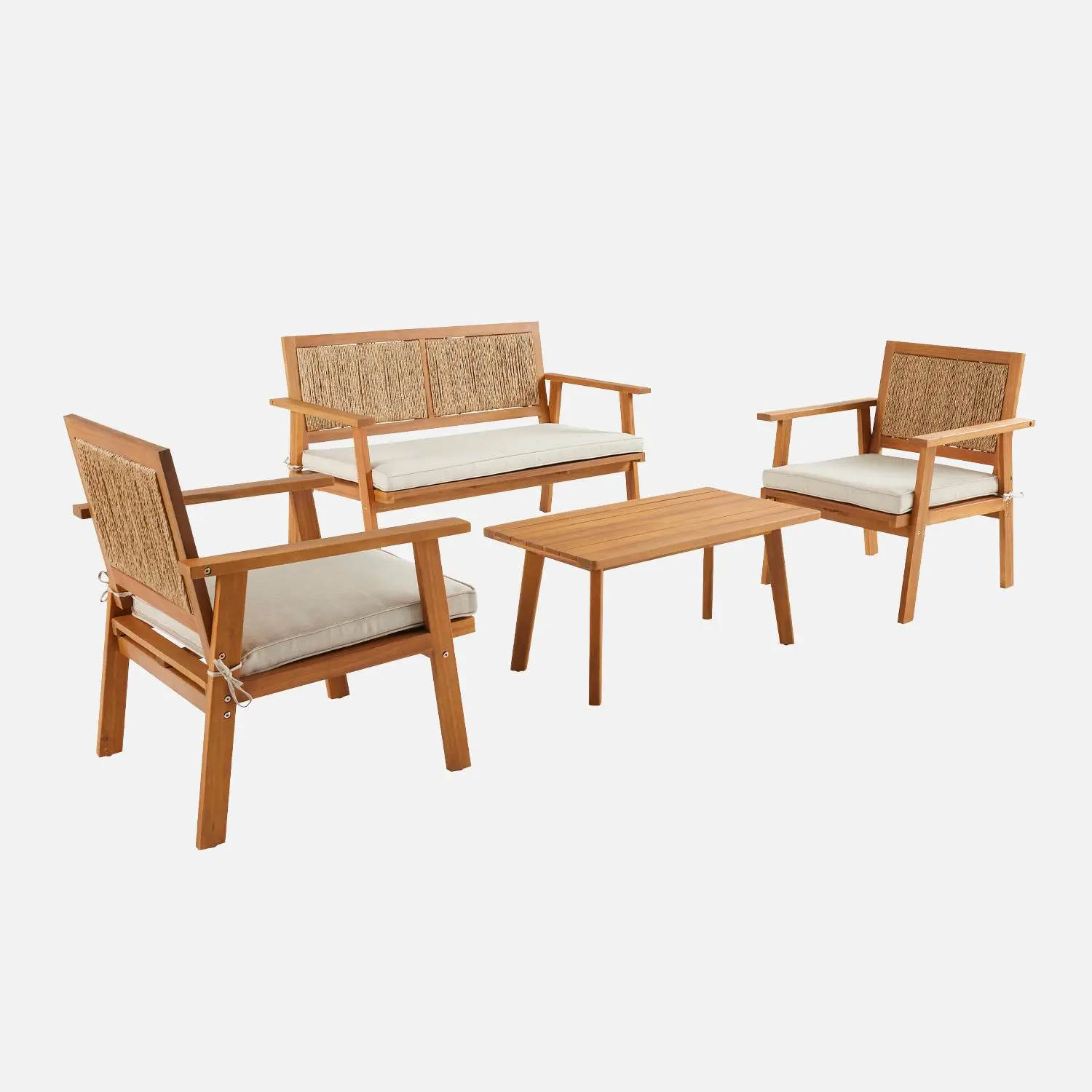Salon de jardin bois et cannage vertical 4 places