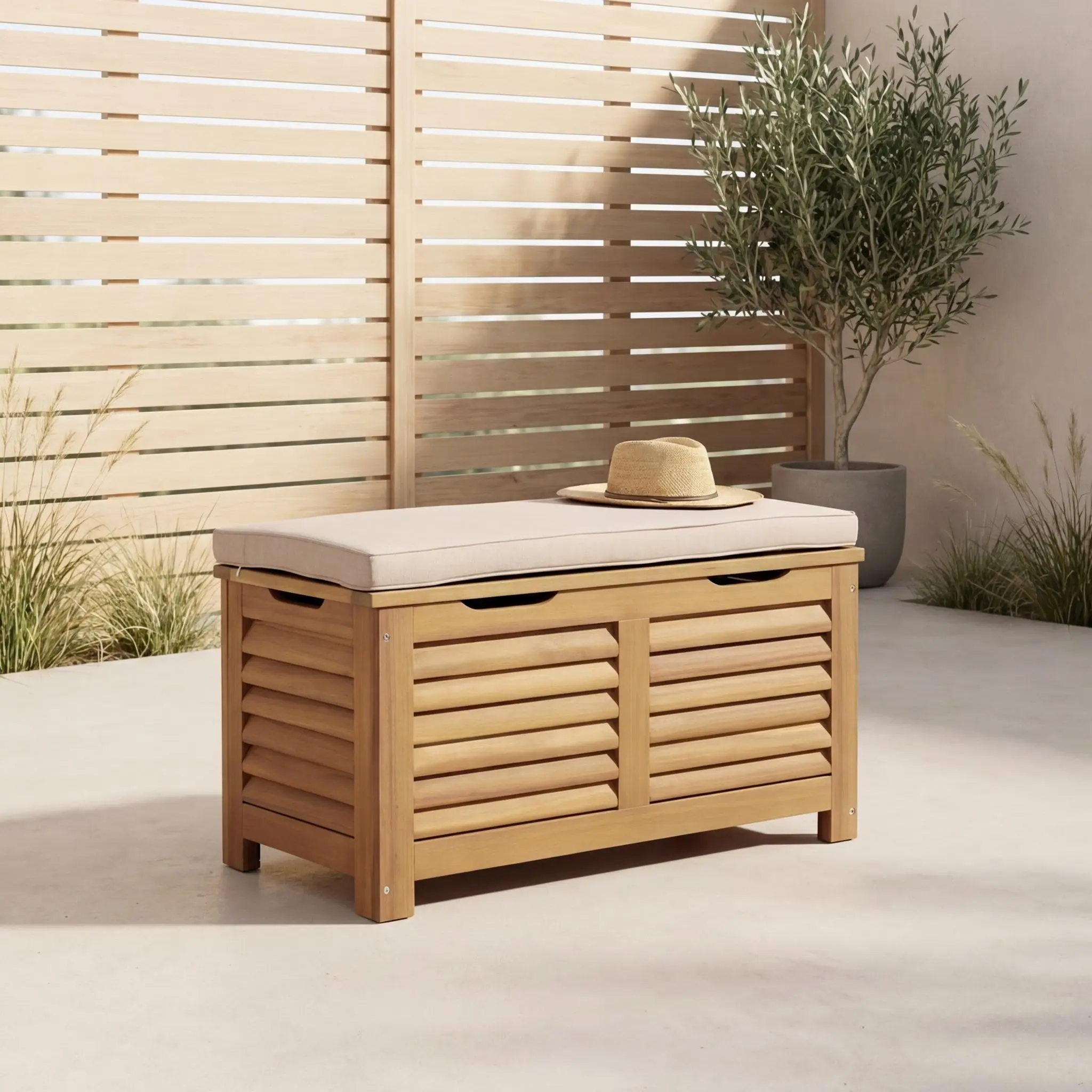 Coffre de jardin / Banc bois d'acacia 63L avec vérins