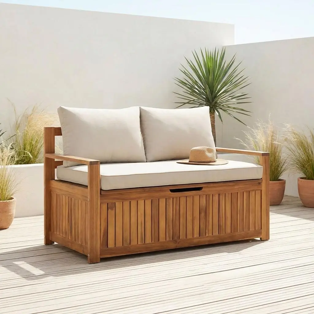 Banc coffre de jardin bois d'acacia avec coussin 110 L