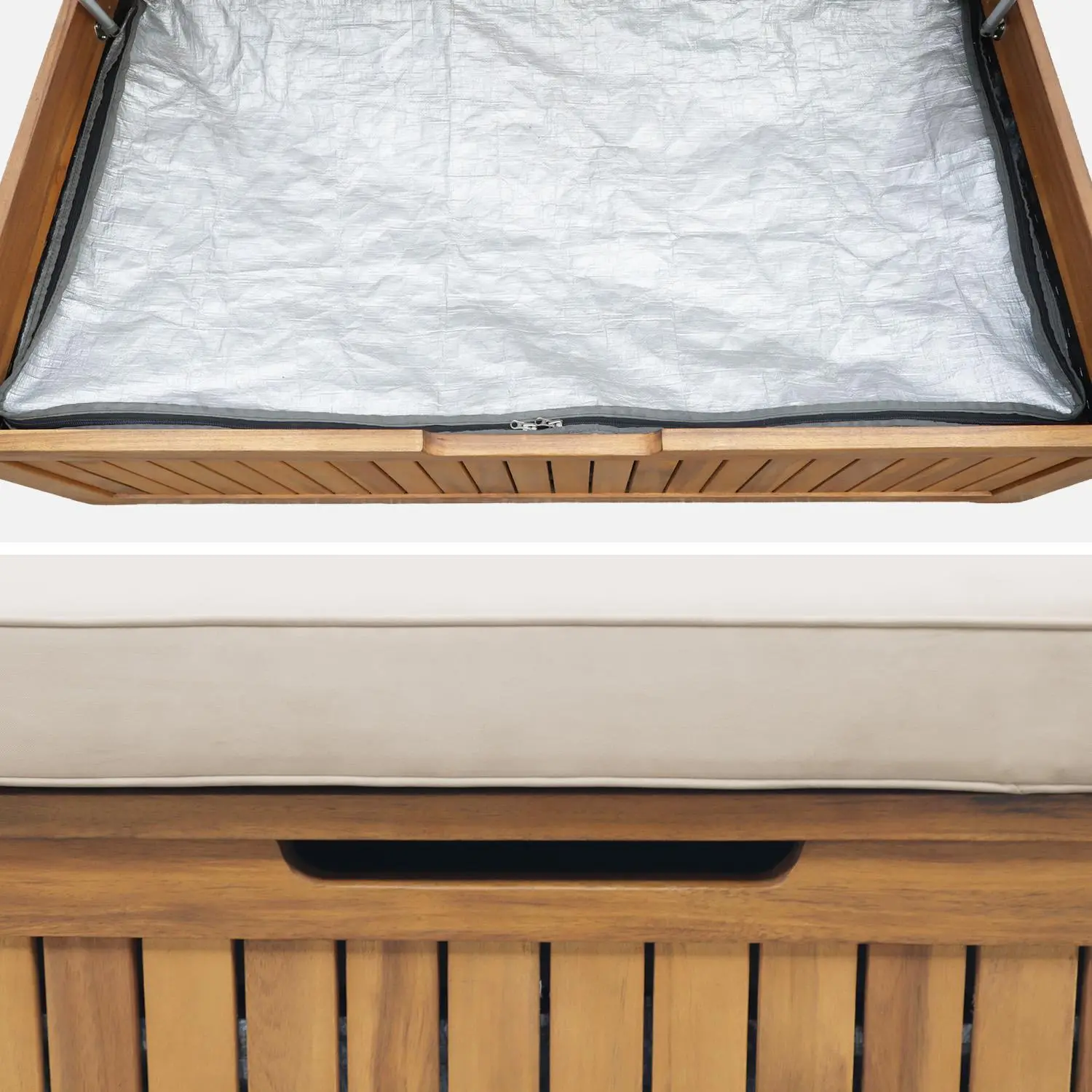 Banc coffre de jardin bois d'acacia avec coussin 110 L
