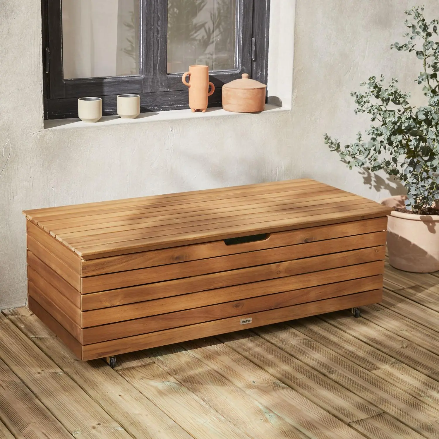 Coffre de jardin bois d'acacia 130L avec vérins et roulettes