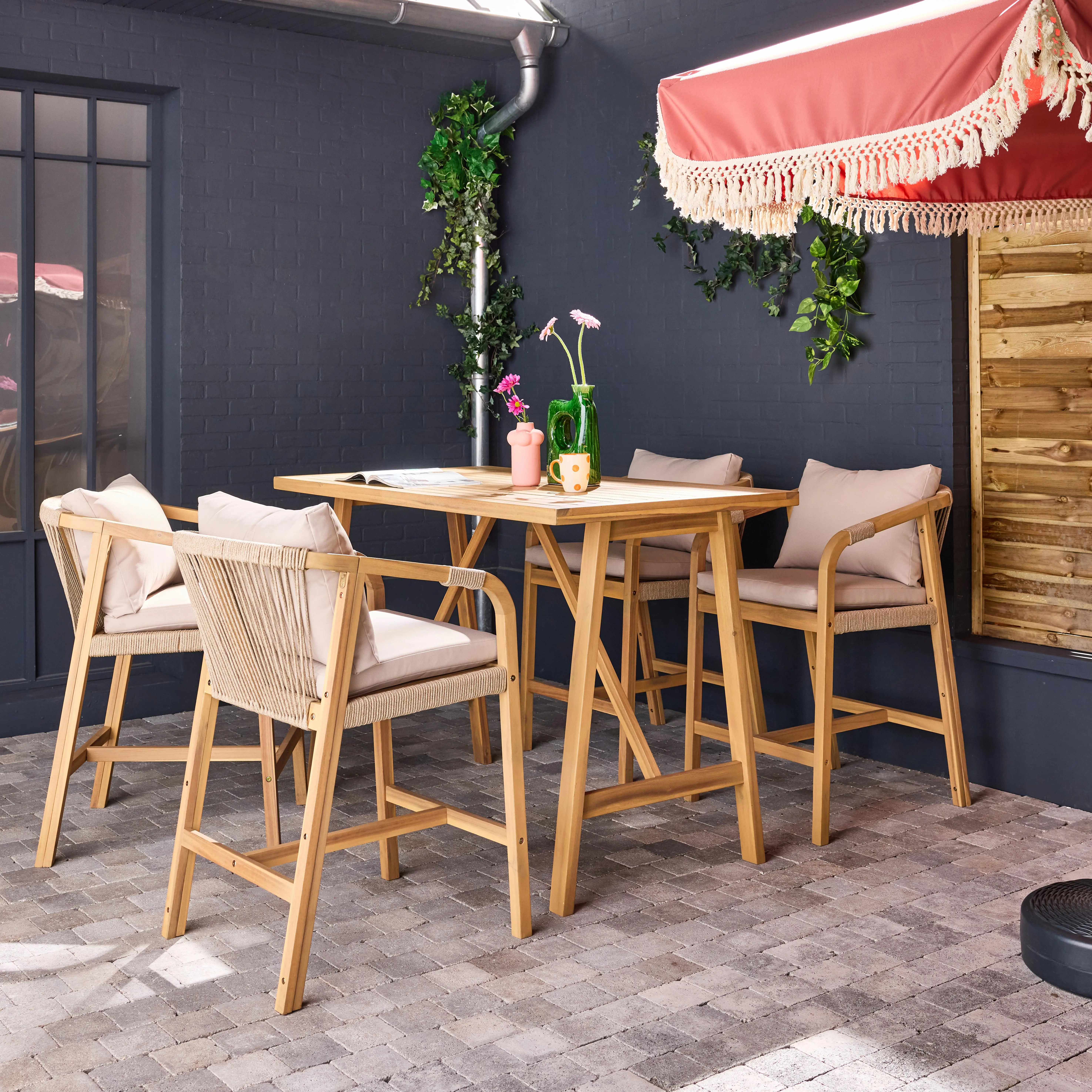 Table haute de jardin bois d'acacia + 4 assises