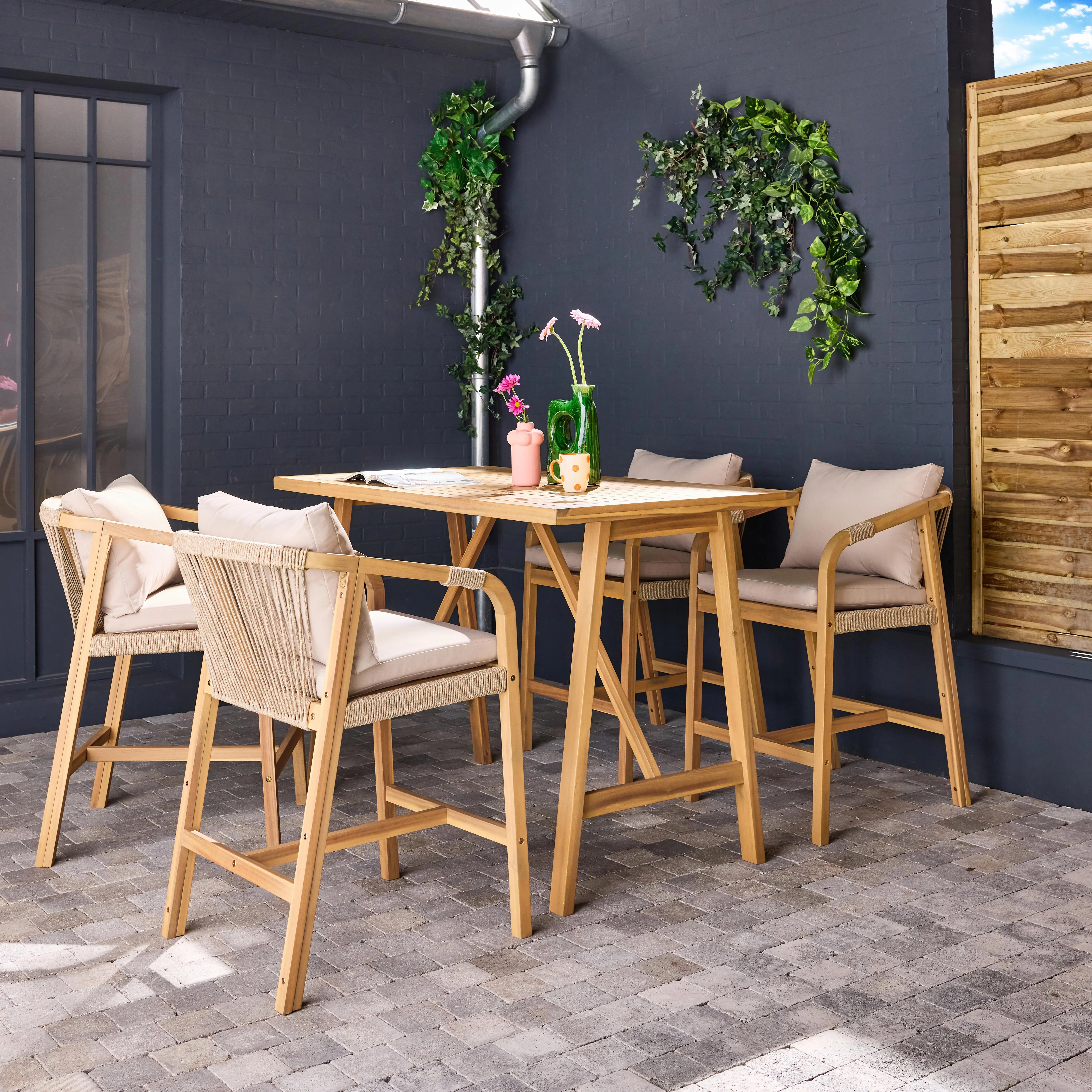 Table haute de jardin bois d'acacia + 4 assises