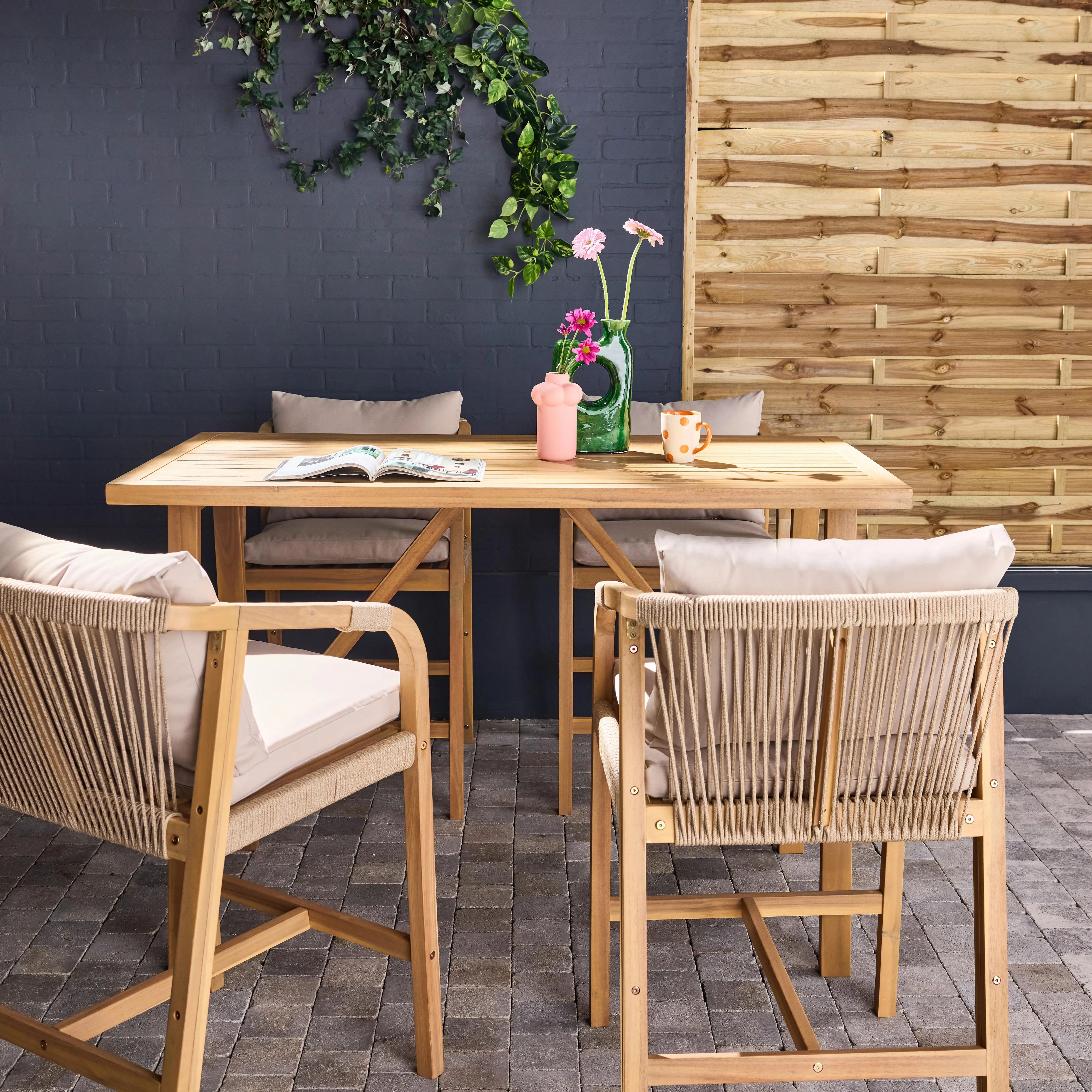 Table haute de jardin bois d'acacia + 4 assises