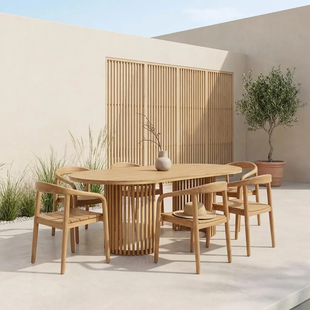 Table de jardin bois d'acacia + 6 assises