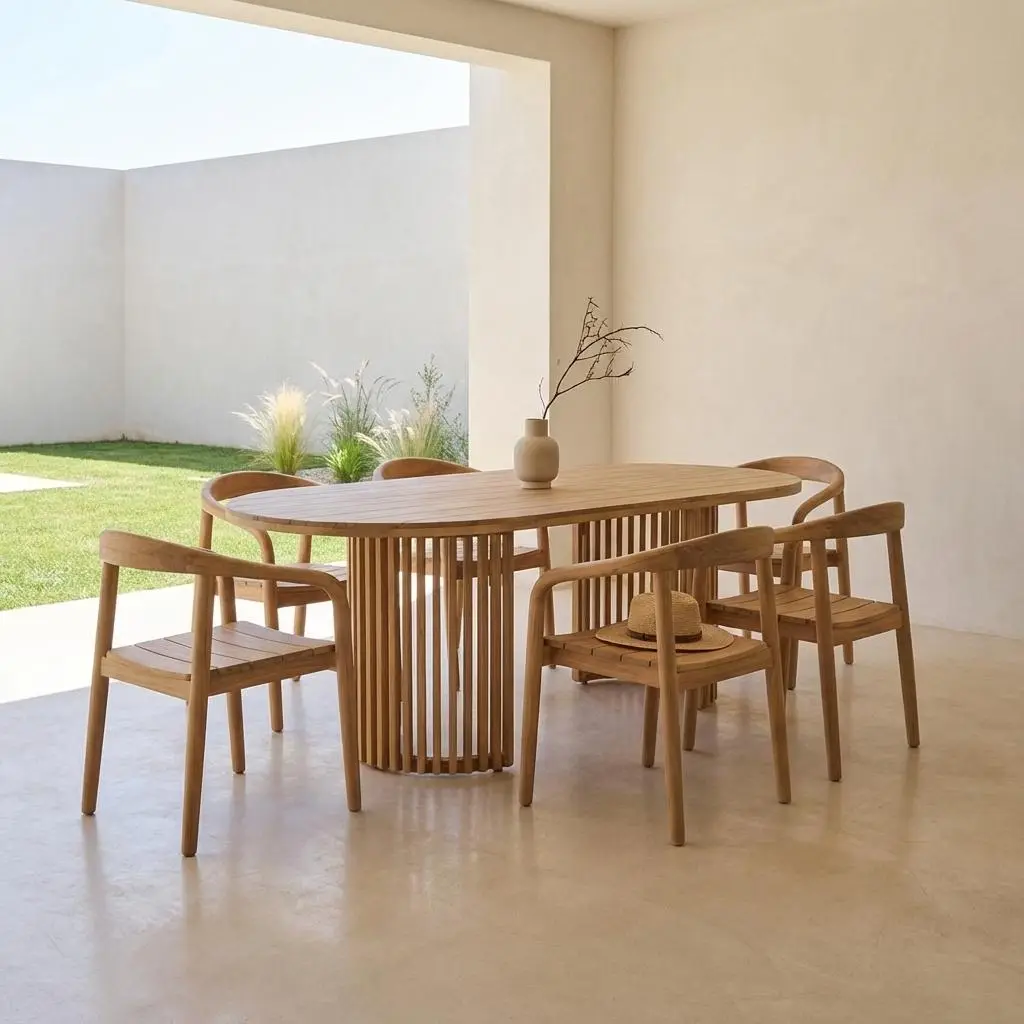 Table de jardin bois d'acacia + 6 assises
