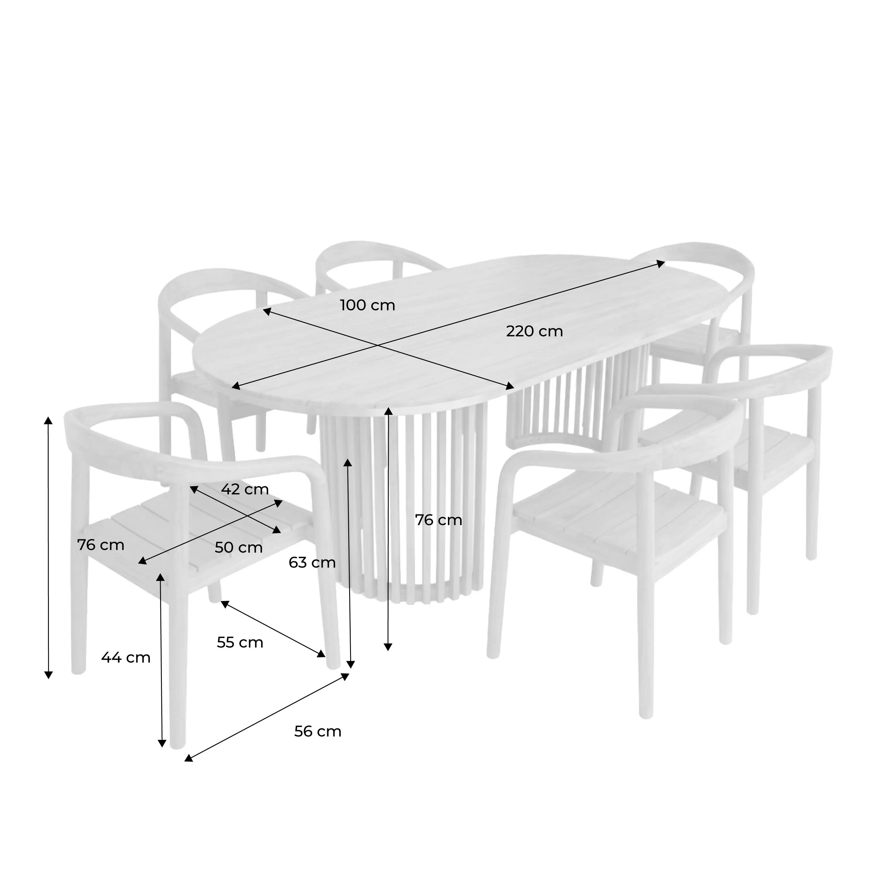 Table de jardin bois d'acacia + 6 assises