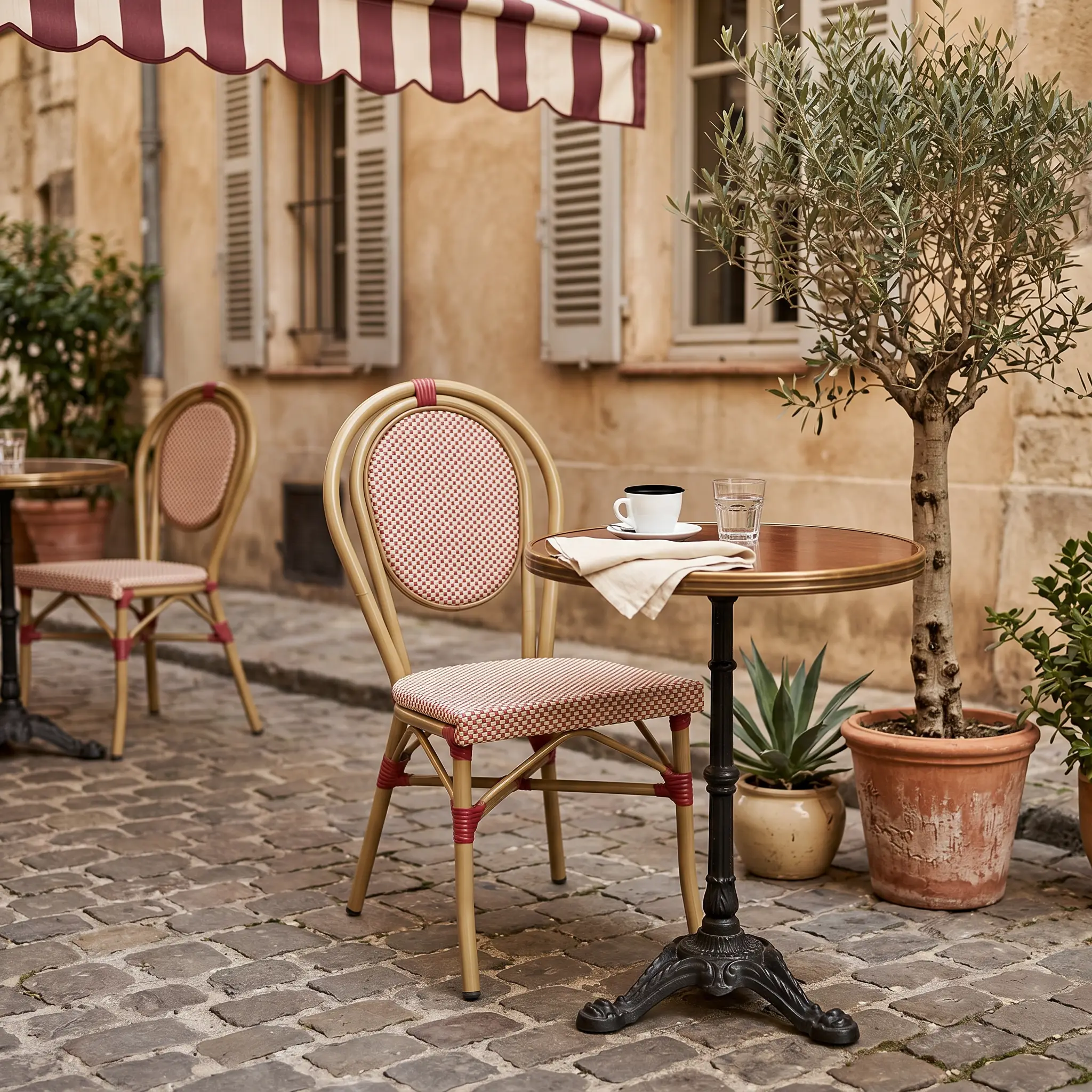 Chaise de terrasse bistrot en textile et aluminium rouge et beige