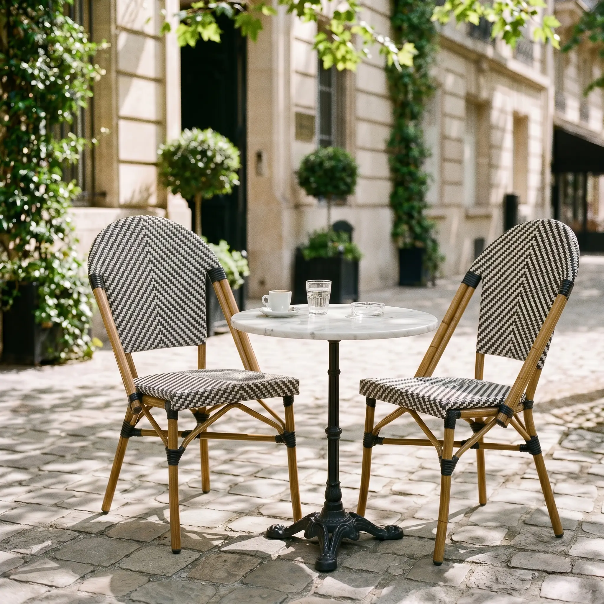 Chaise de terrasse bistrot en textile et aluminium motif chevrons noir et blanc (lot de 2)