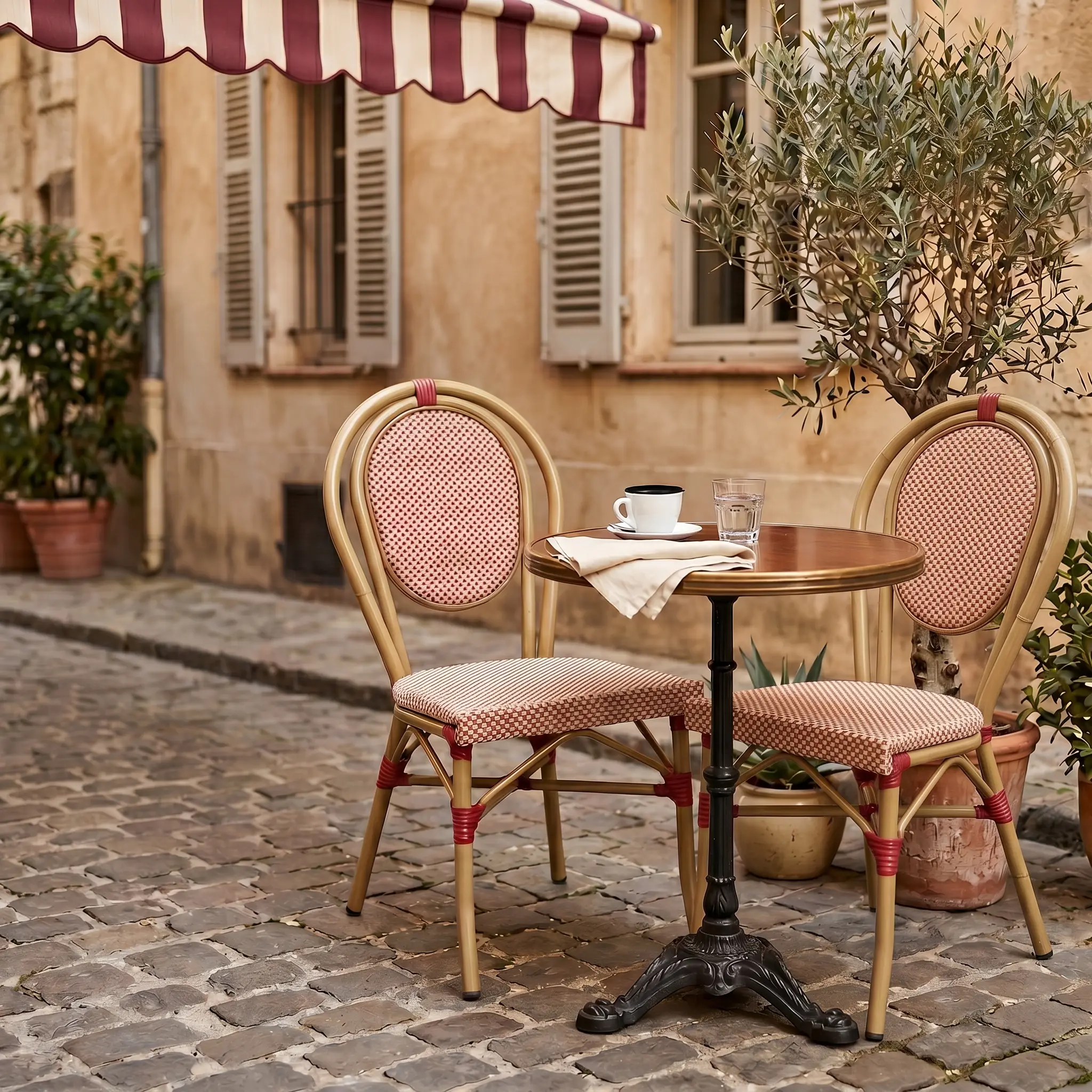 Chaise de terrasse bistrot en textile et aluminium rouge et beige (lot de 2)