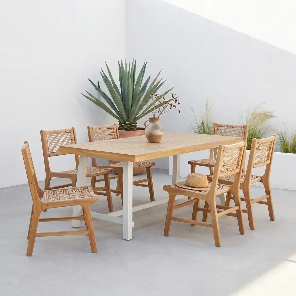 Table intérieur/extérieur bois d'acacia et métal + 6 assises en résine tressée