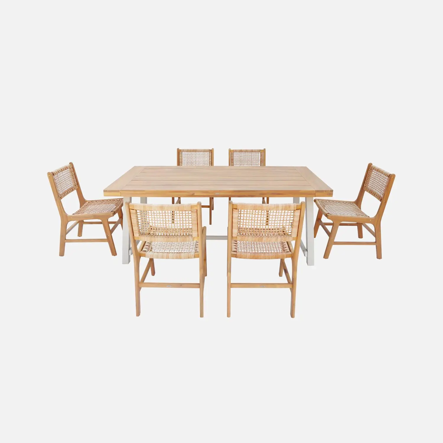 Table intérieur/extérieur bois d'acacia et métal + 6 assises en résine tressée