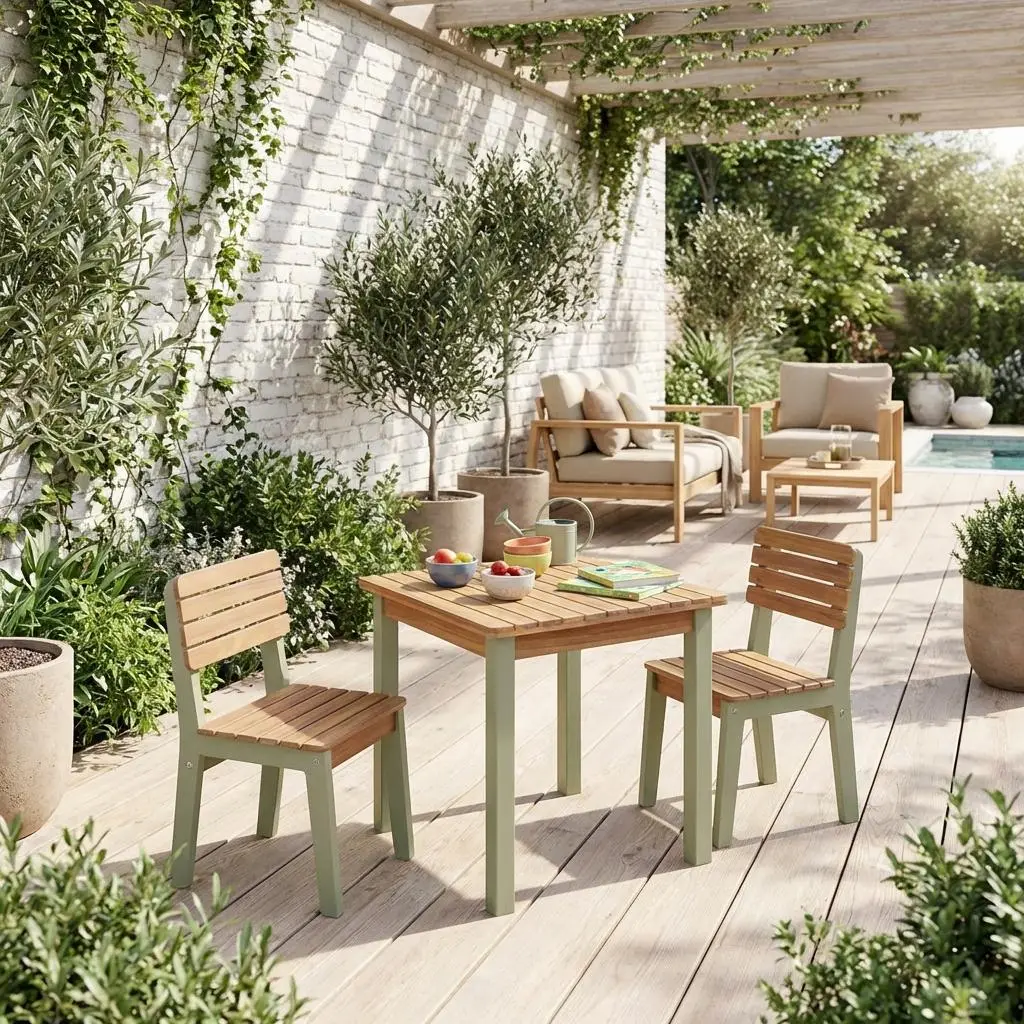 Table de jardin enfant intérieur/extérieur bois d'acacia + 2 assises