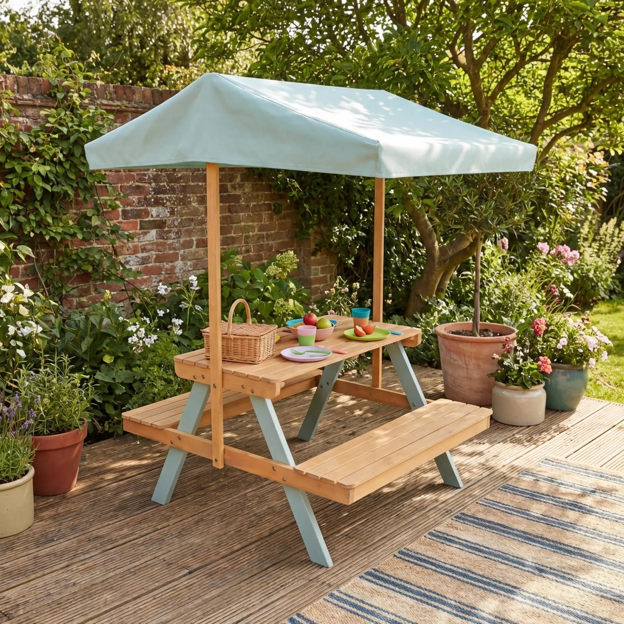 Table de pique-nique, salon de jardin enfant bois d'acacia avec parasol 2 places