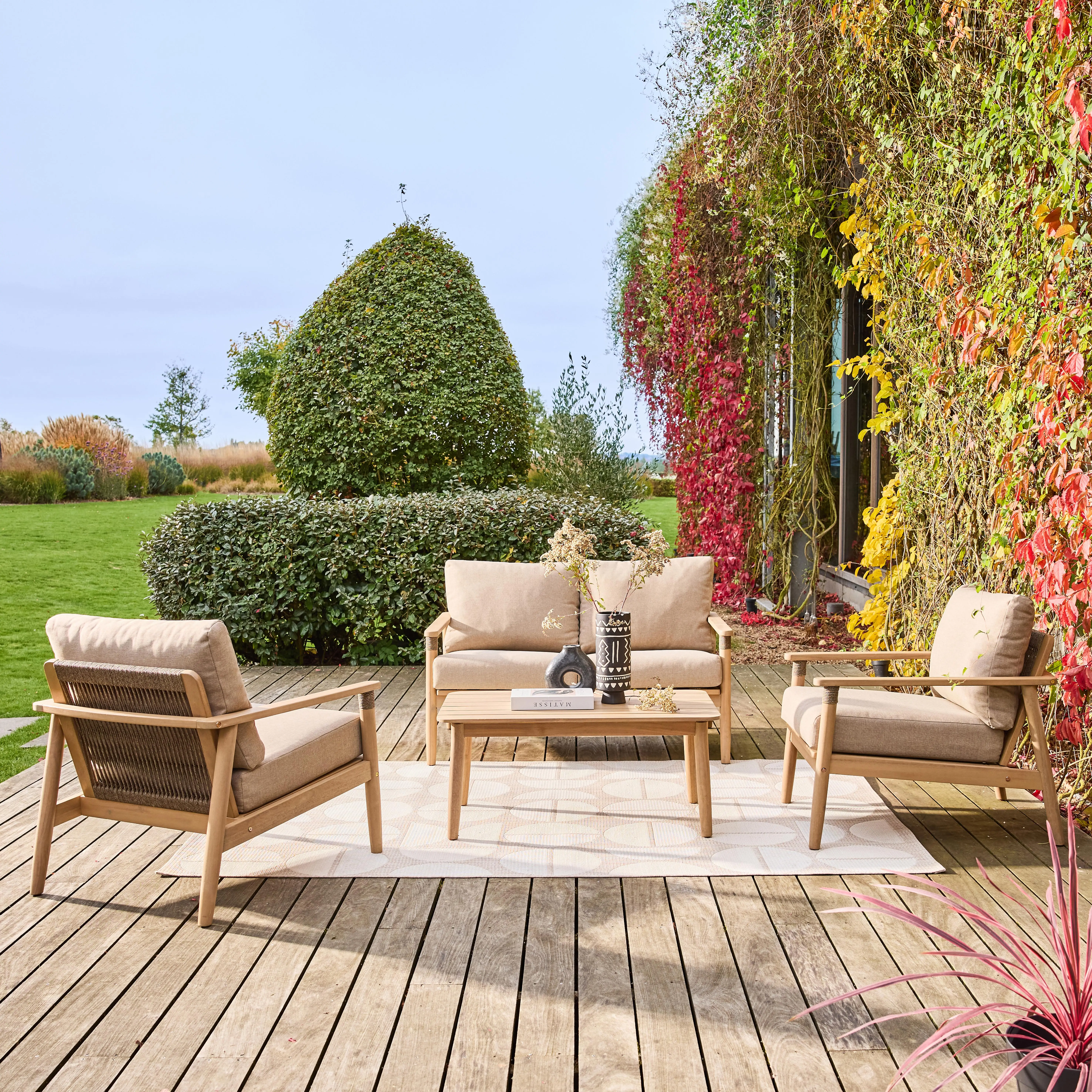 Salon de jardin bois d'acacia et cordes 4 places