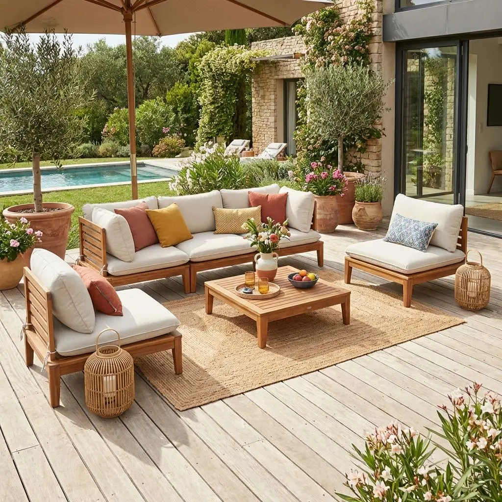 Salon de jardin modulable bois d'acacia et bouclette 5 places
