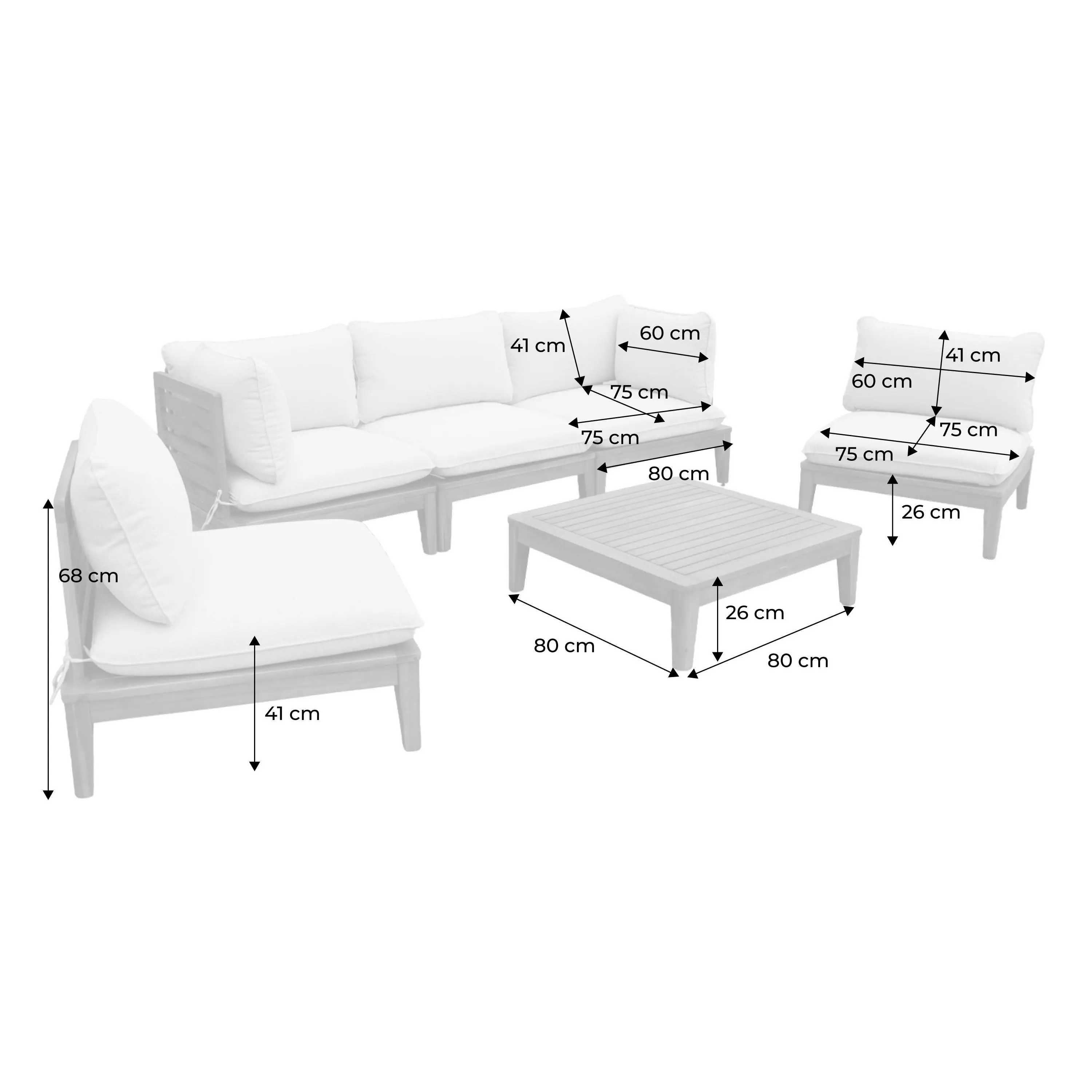 Salon de jardin modulable bois d'acacia et bouclette 5 places