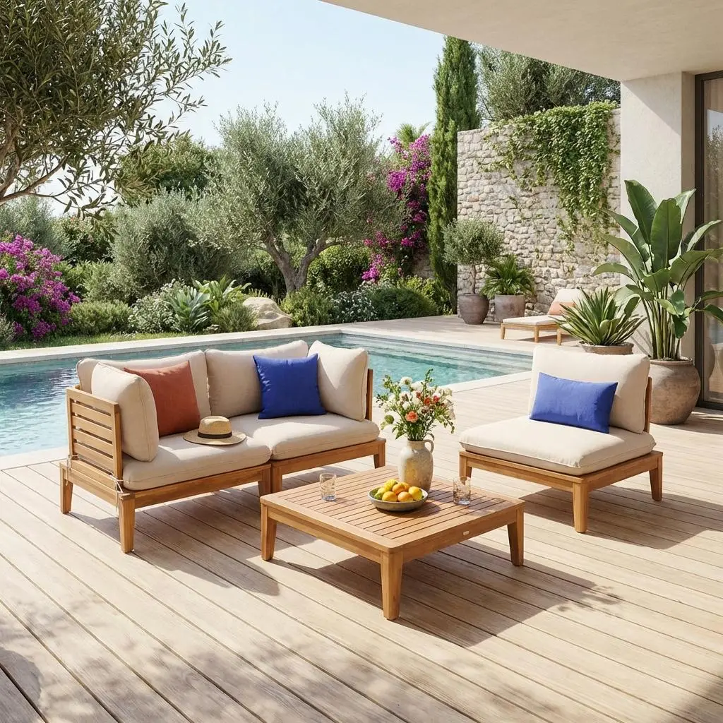 Salon de jardin modulable bois d'acacia avec accoudoirs 3 places