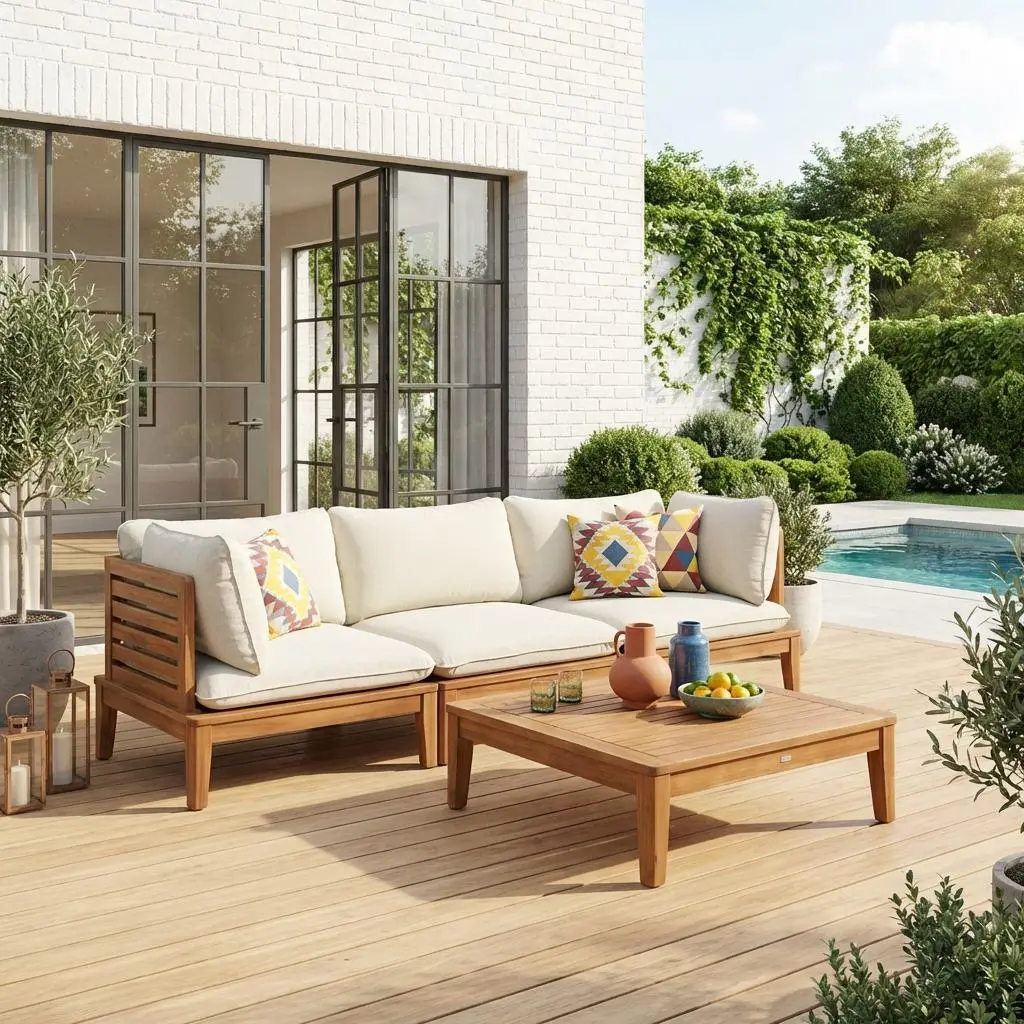 Salon de jardin modulable bois d'acacia et effet bouclette avec accoudoirs 3 places