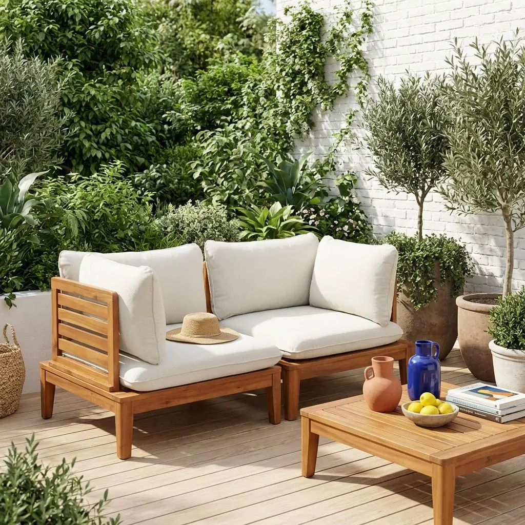 Banquette modulable de jardin bois d'acacia et effet bouclette avec accoudoirs 2 places