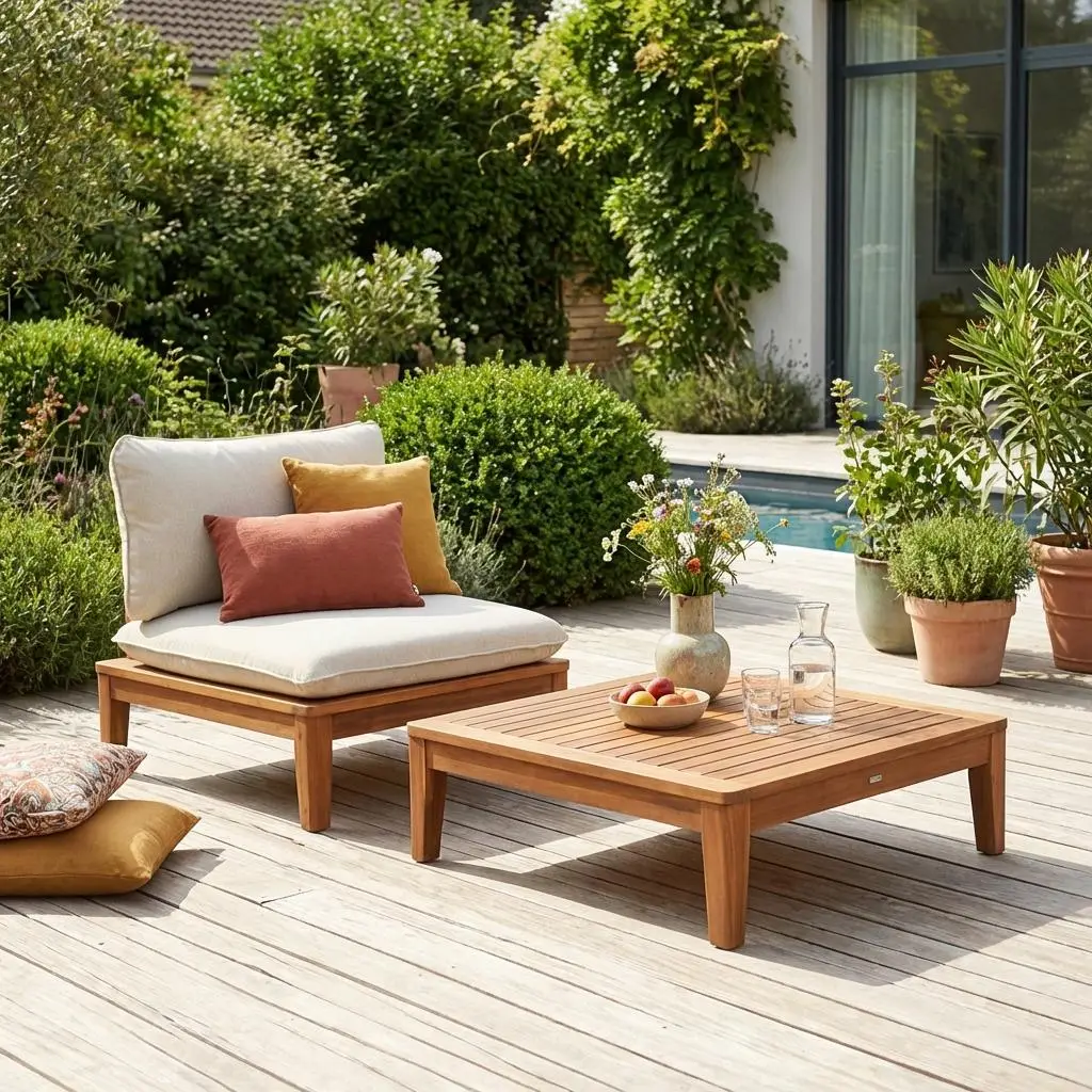 Fauteuil de jardin avec table basse bois d'acacia et effet bouclette