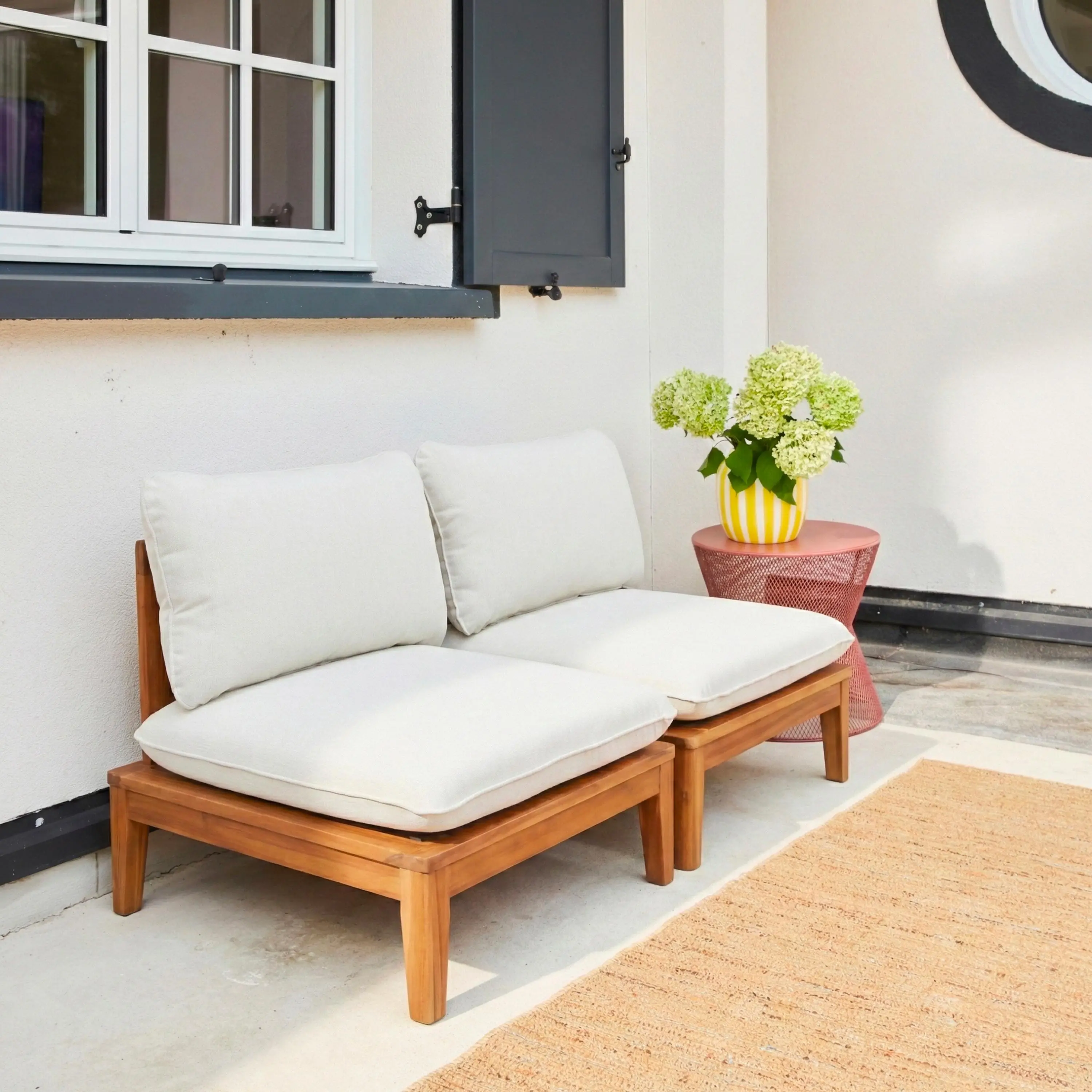 Banquette modulable de jardin bois d'acacia et effet bouclette 2 places