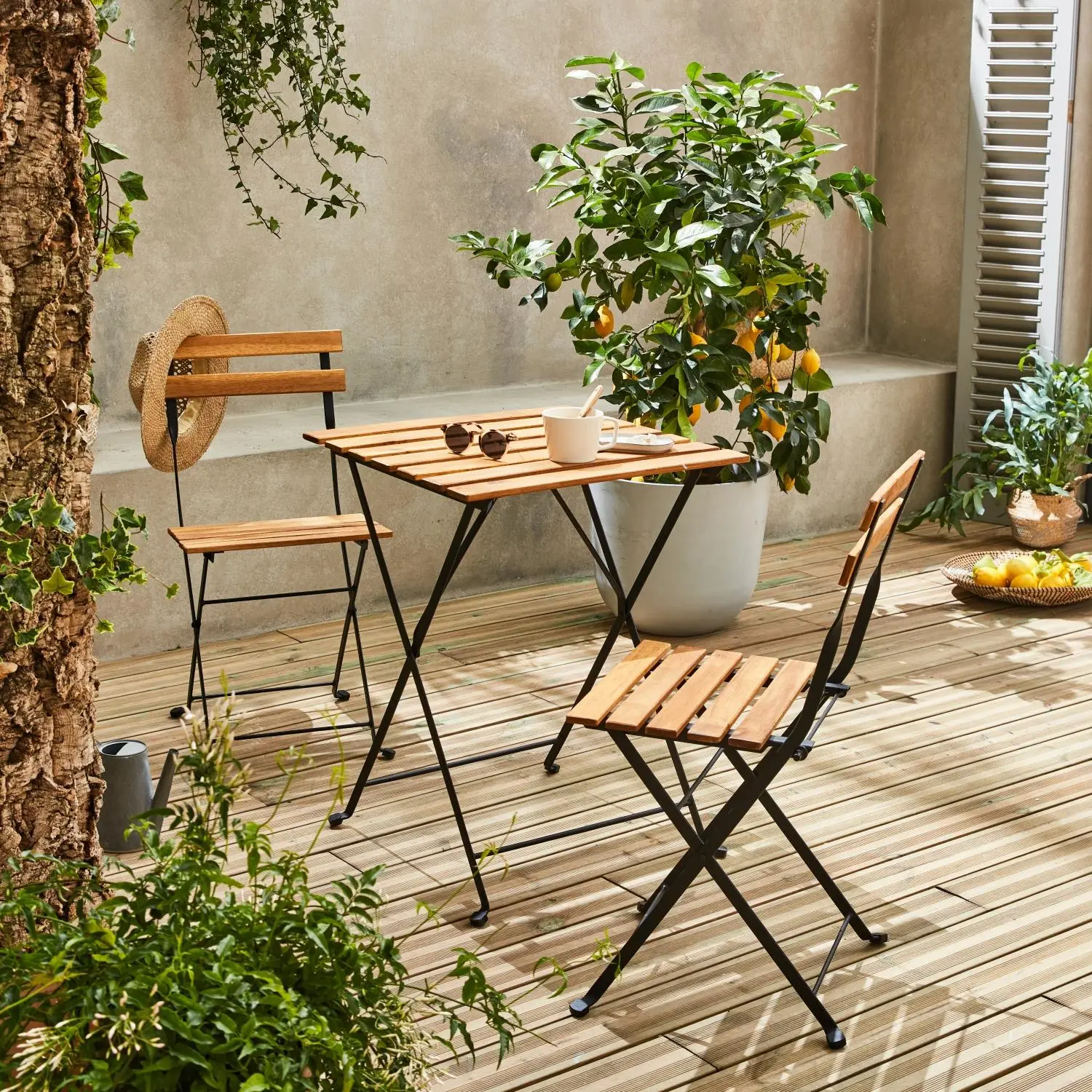Table de bistrot pliante bois d'acacia et métal + 2 assises