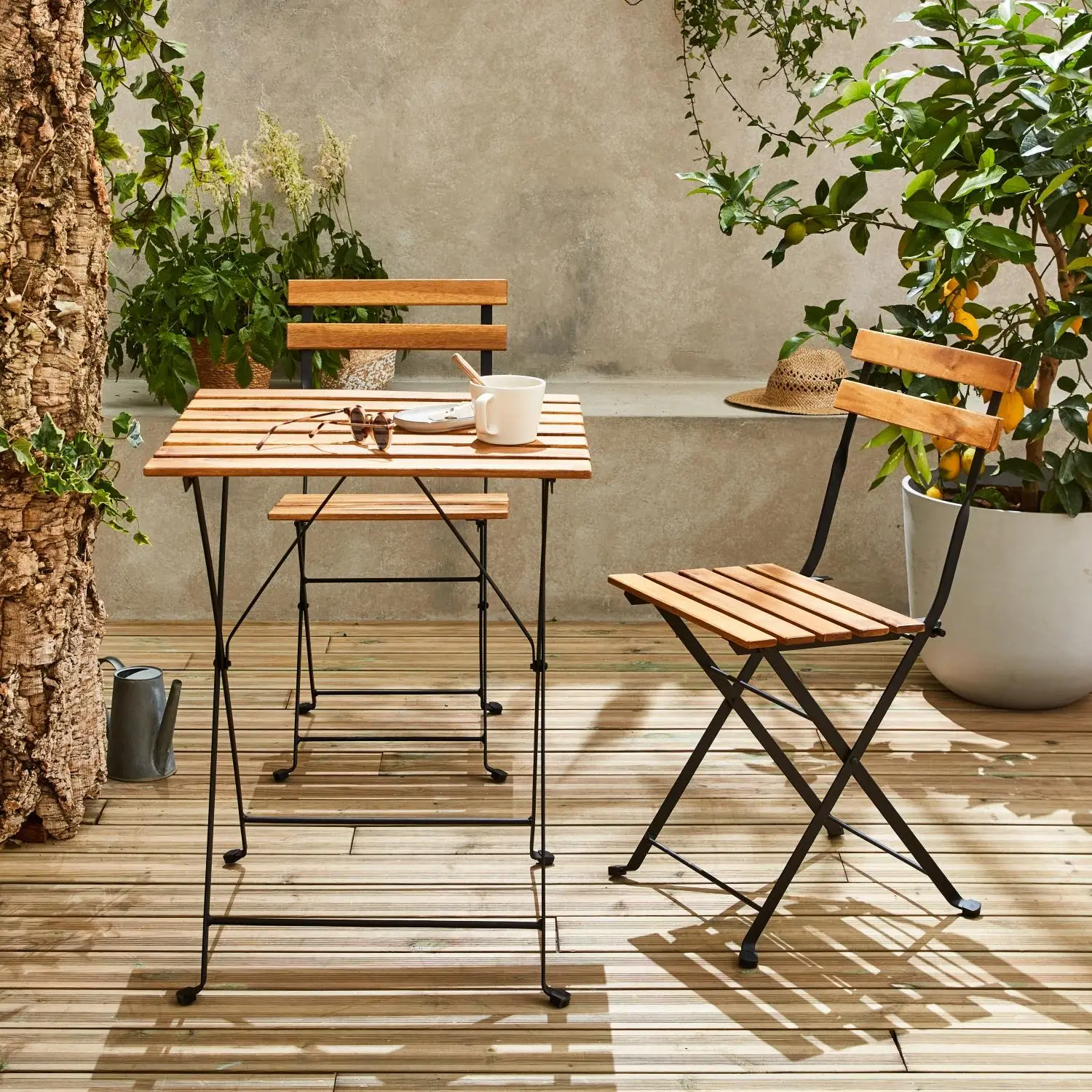 Table de bistrot pliante bois d'acacia et métal + 2 assises
