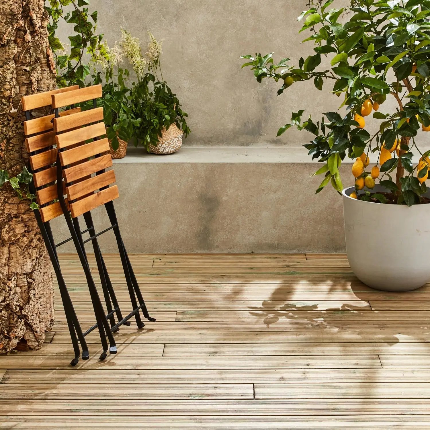 Table de bistrot pliante bois d'acacia et métal + 2 assises