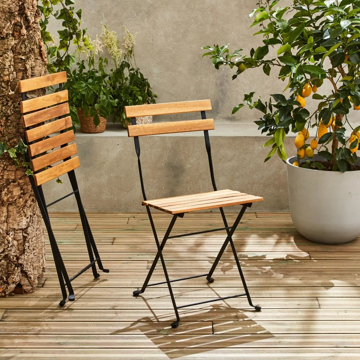 Table de bistrot pliante bois d'acacia et métal + 2 assises