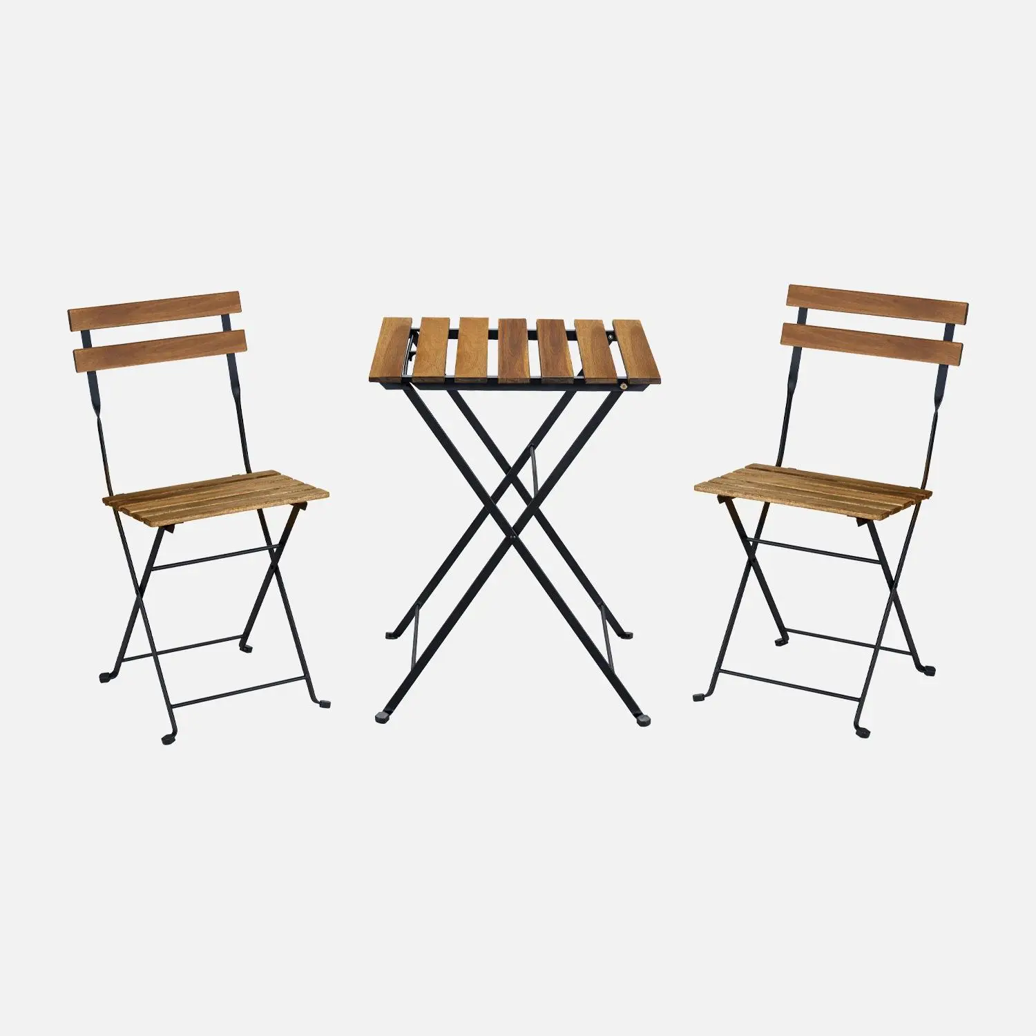 Table de bistrot pliante bois d'acacia et métal + 2 assises