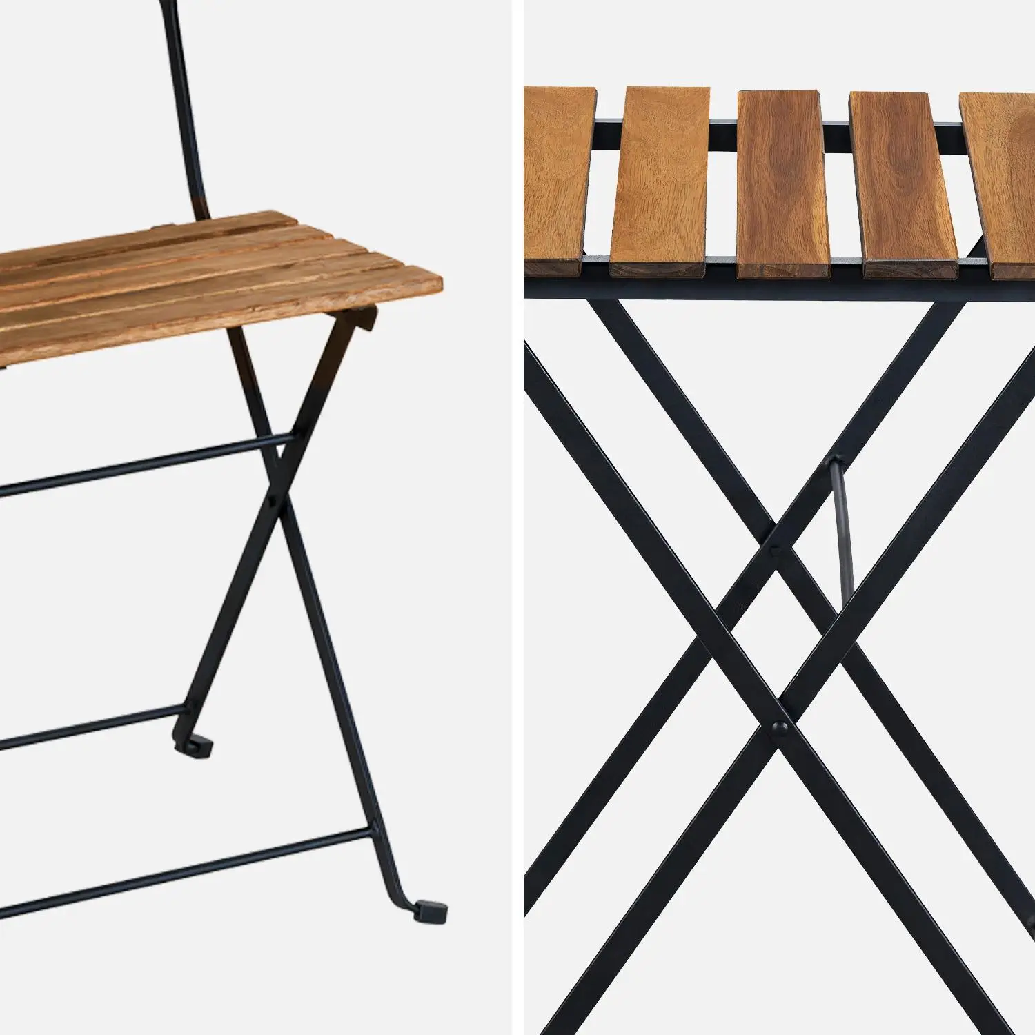 Table de bistrot pliante bois d'acacia et métal + 2 assises