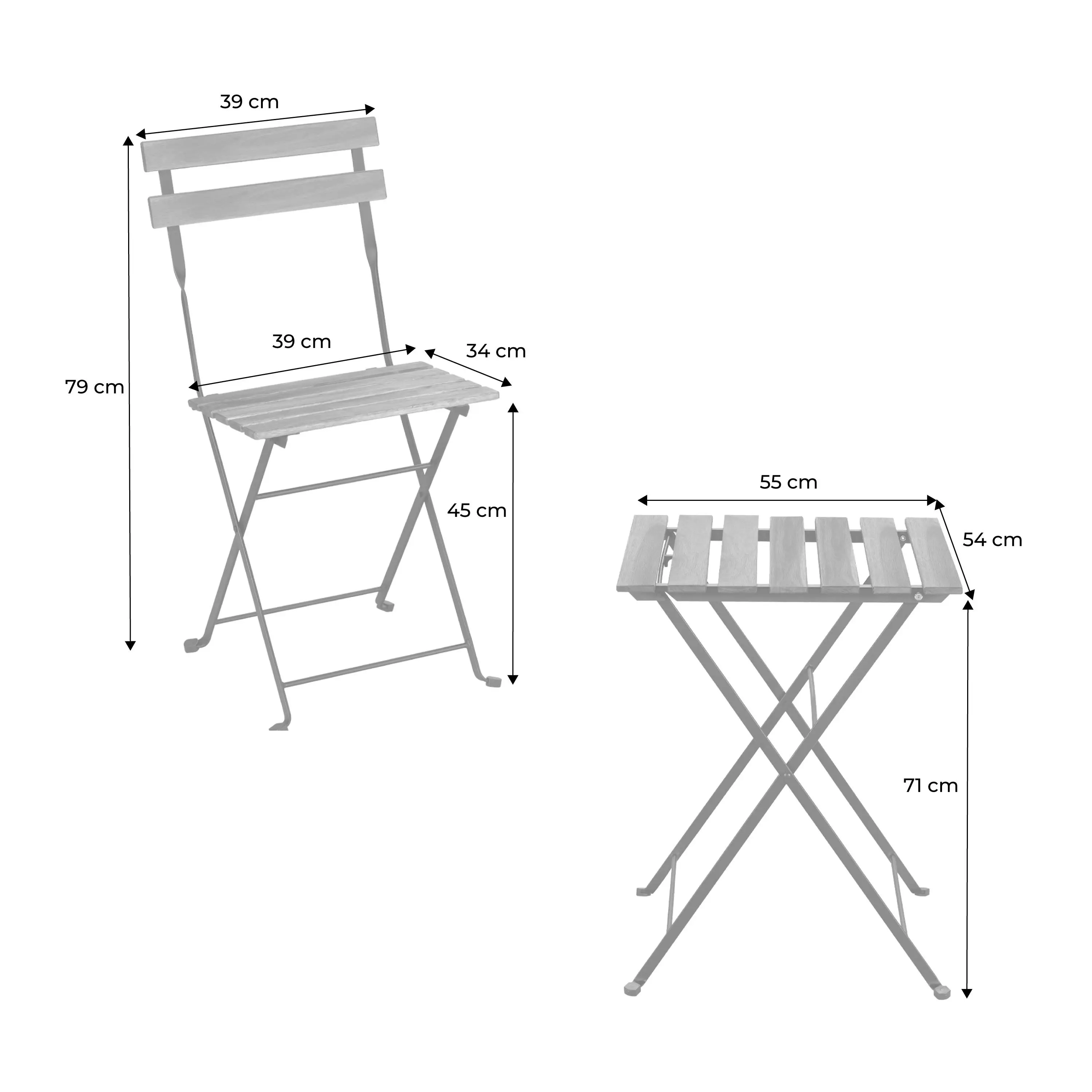 Table de bistrot pliante bois d'acacia et métal + 2 assises