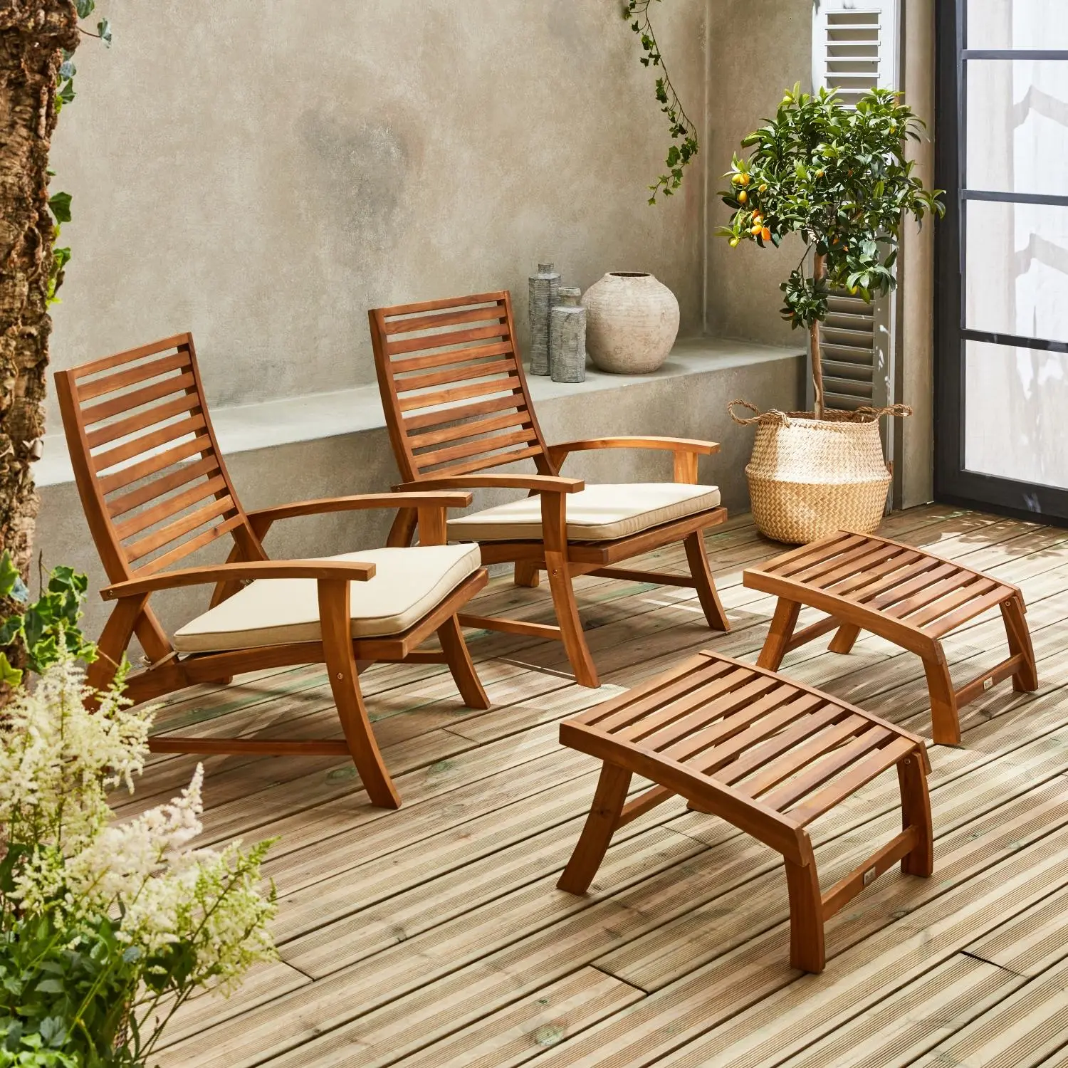 Fauteuil avec repose-pied bois d'acacia (lot de 2)