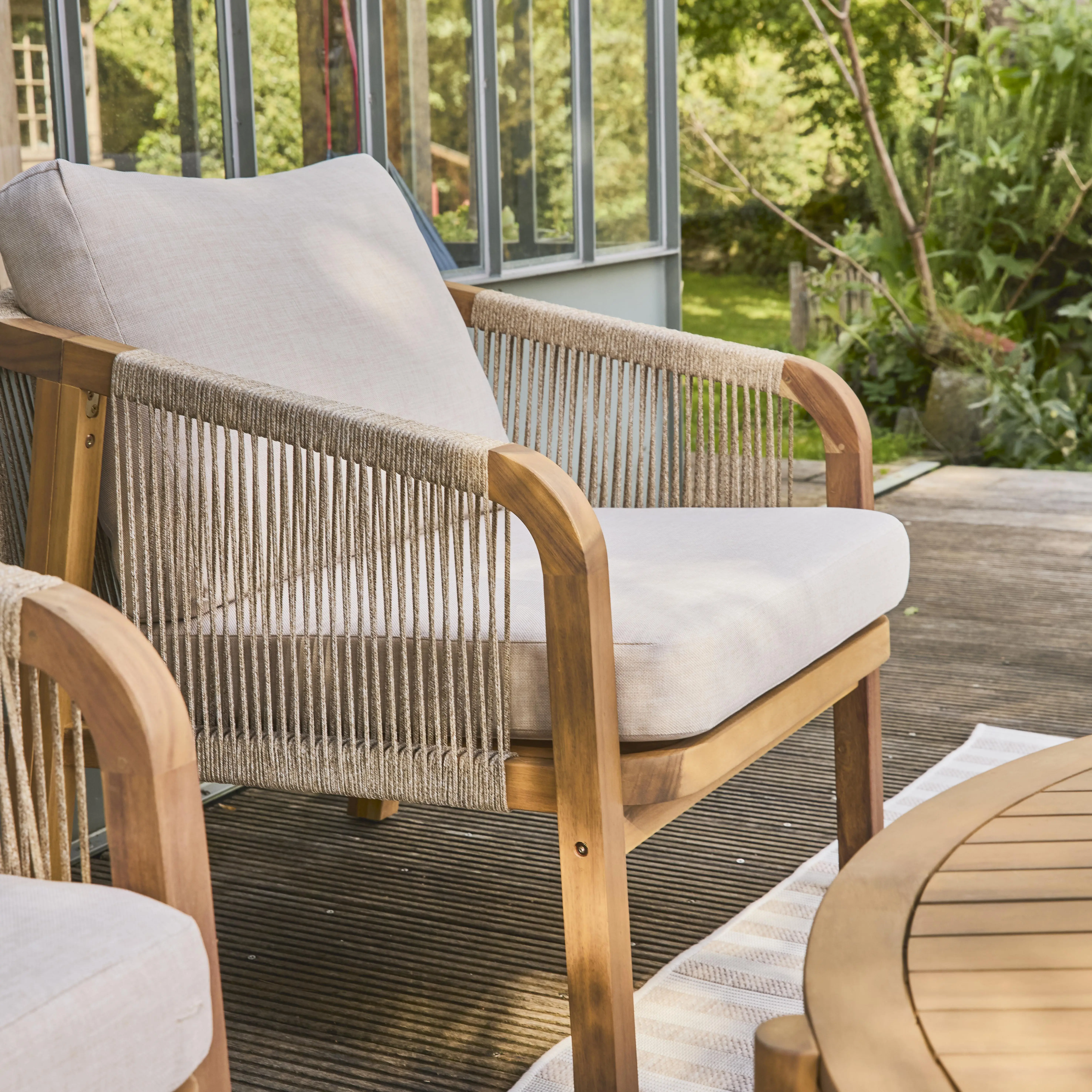 Salon de jardin bois d'acacia et cordes 7 places